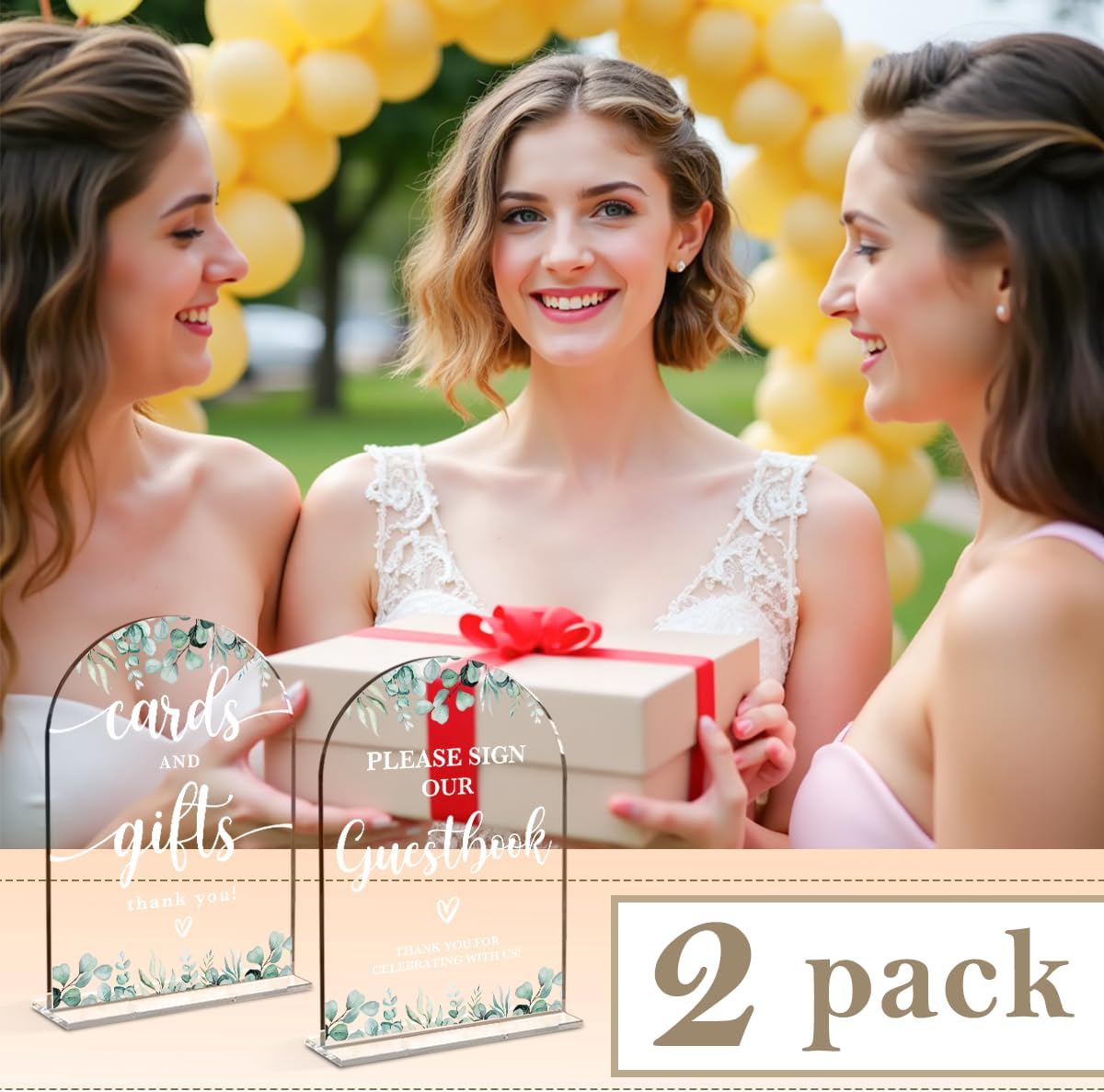 2 Pcs Acrylic Wedding Signs for Reception, Bridal Shower Decorations, Cards and Gifts Signs, Guest Book Sign, Arch Acrylic Table Top Sign with Holder for Wedding Reception (Clear Eucalyptus Leaves)