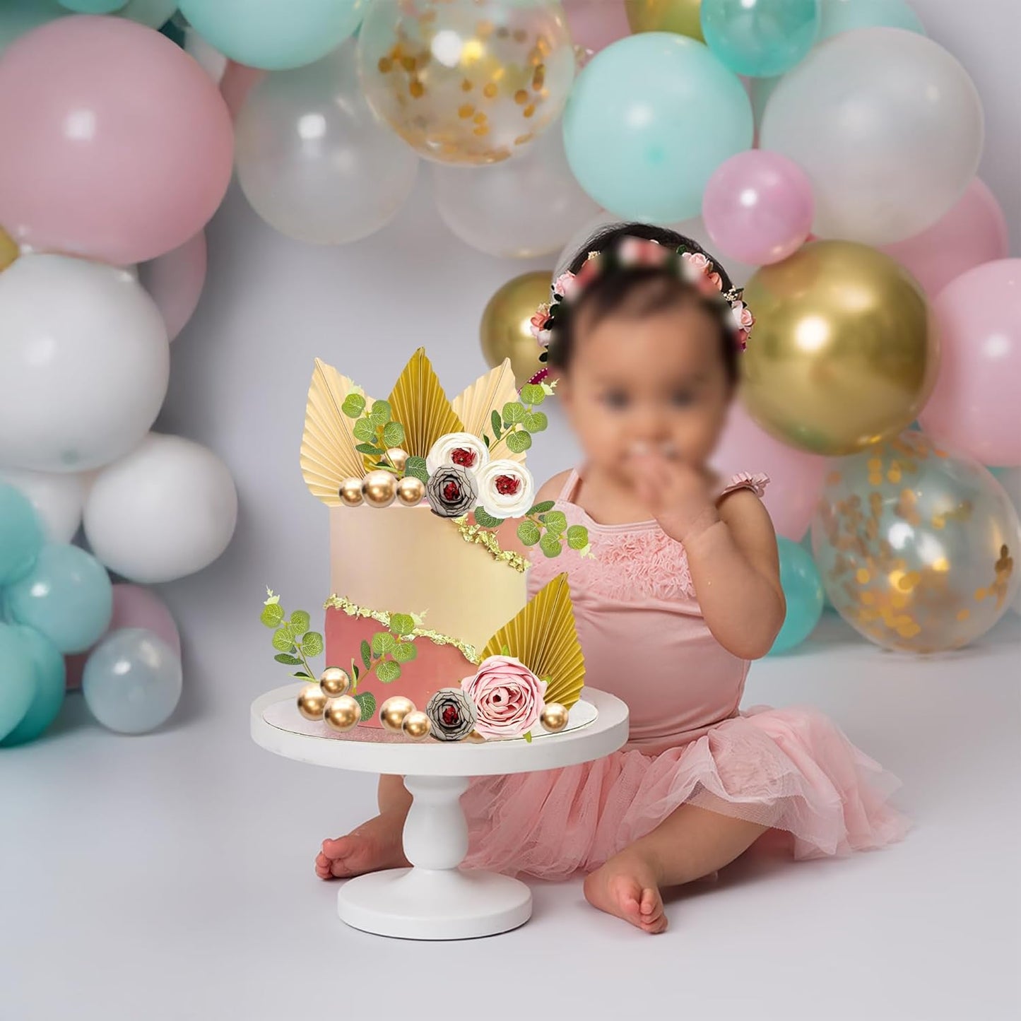 Gyufise 22Pcs Rose Artificial Flower Leaves Cake Topper Decorations Gold Balloon Cake Toppers Leaf Paper Palm Fan Cake Picks for DIY Wedding Birthday Valentine's Day Party Decorations Supplies Beige