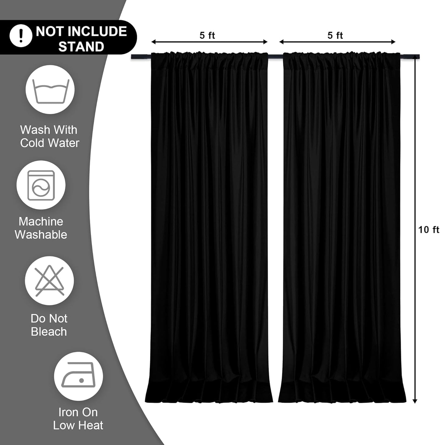 DWCN 10x10 FT Black Backdrop Curtains for Parties, Photography Backdrop Drapes with Rod Pockets for Wedding Decorations Stage Birthday Family Gatherings, 2 Panels 5ft x 10ft