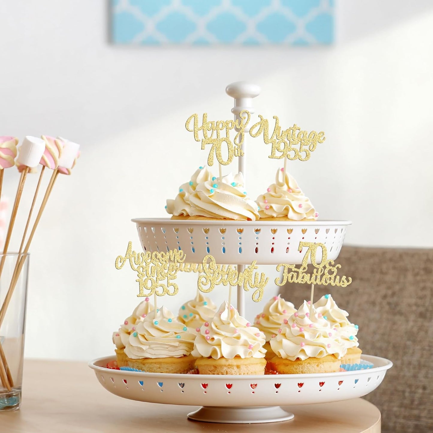 30Pcs Vintage 1955 Cupcake Toppers Glitter Seventy Happy 70th Birthday 70 Fabulous Cupcake Picks Cheers to 70 Years for 70th Birthday Wedding Anniversary Party Cake Decorations Supplies Gold