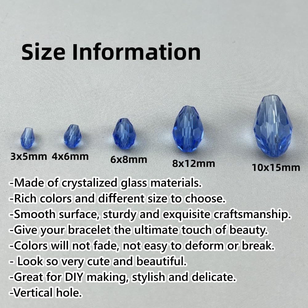130pcs 6x8mm Teardrop Crystal Glass Beads for Jewelry Making, Faceted Vertical Hole Teardrop Glass Spacer Beads for Wind Chimes Bracelet Earring Necklace DIY Craft(Light Blue)