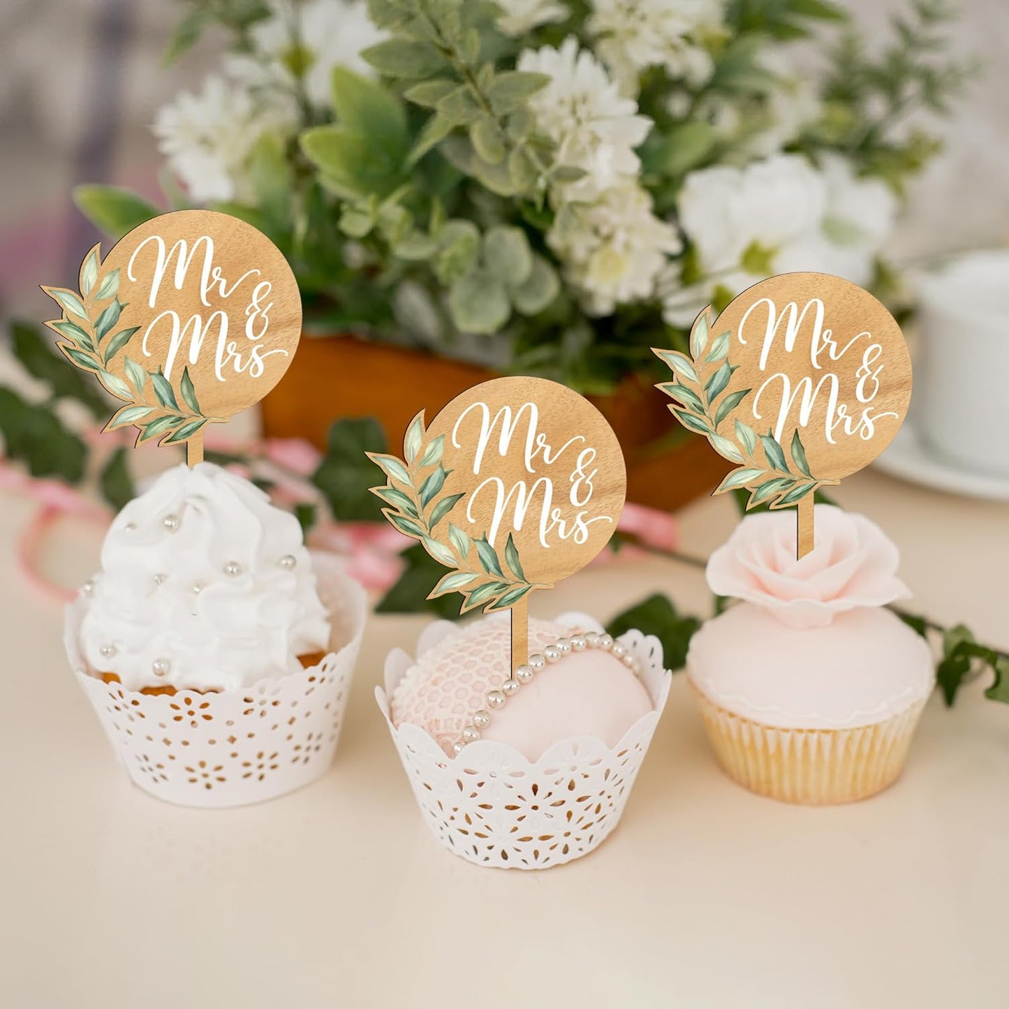 Mr & Mrs Cake Topper & 12 PCS Wedding Cupcake Toppers Green Wedding Decorations in Wood
