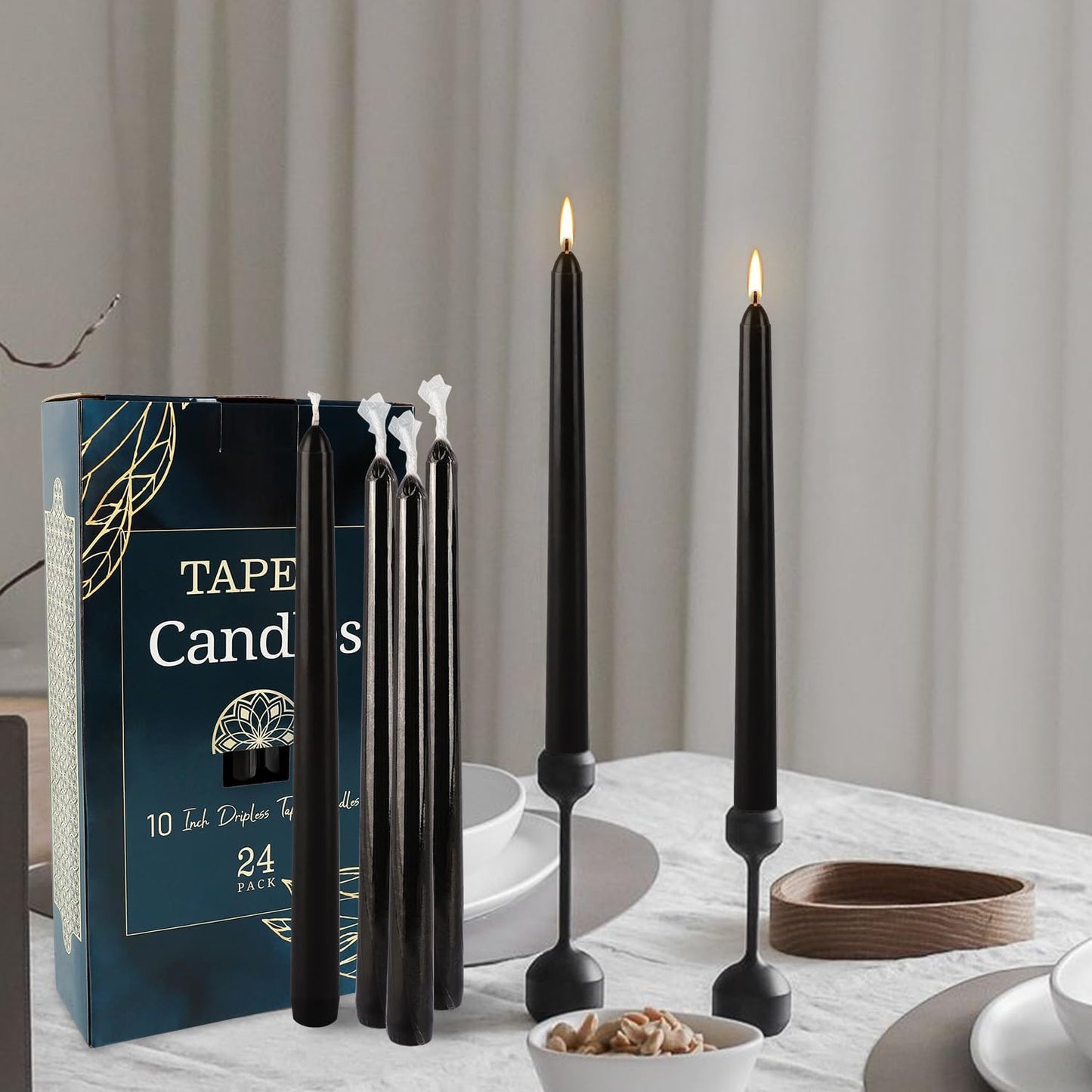 24 Pack Black Taper Candles, 7-8 Hours Burn Time, Unscented, Smokeless and Dripless, 10 Inch Dinner Candle Set for Household, Wedding, Party and Home Décor Candlesticks.