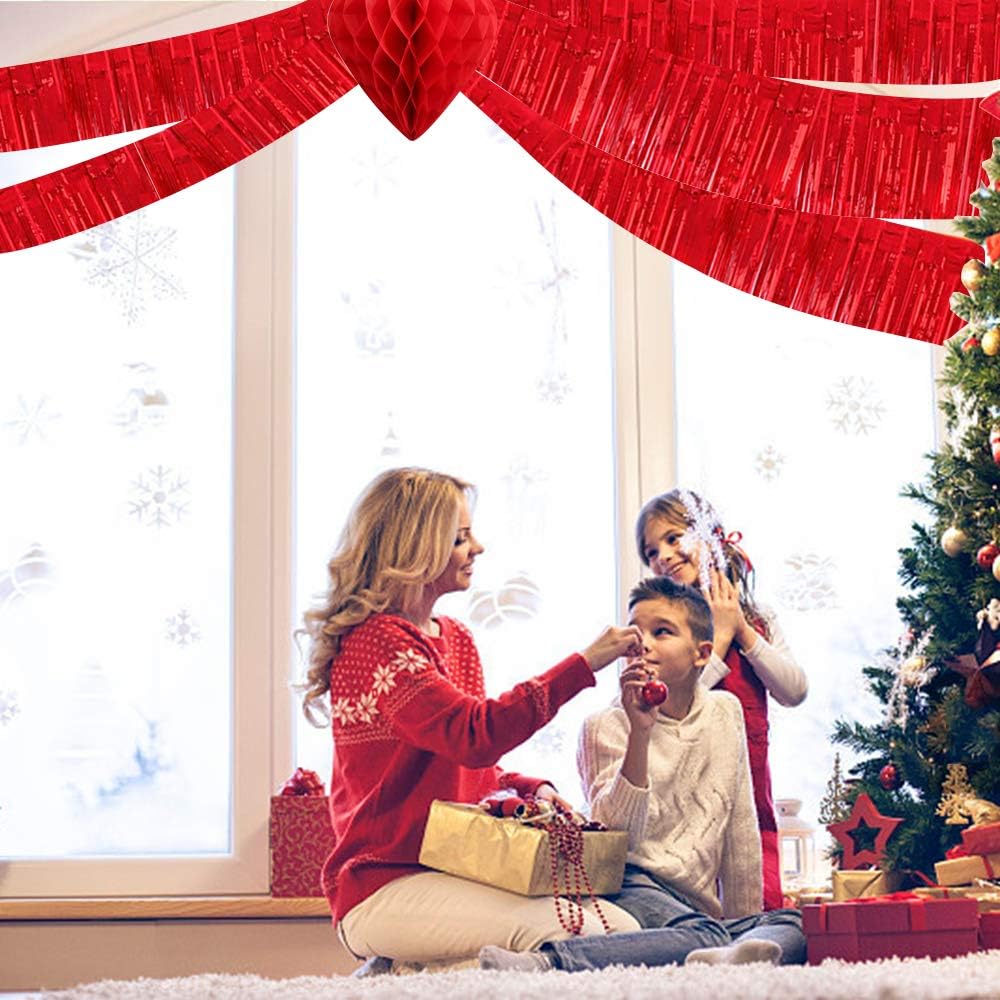 BEISHIDA 3 Packs 30 Feet Metallic Foil Fringe Garland Tinsel Streamers，Shiny Red Wall Hanging Tinsel Fringe Banners for Wedding Birthday Party Decoration Halloween Christmas New Year