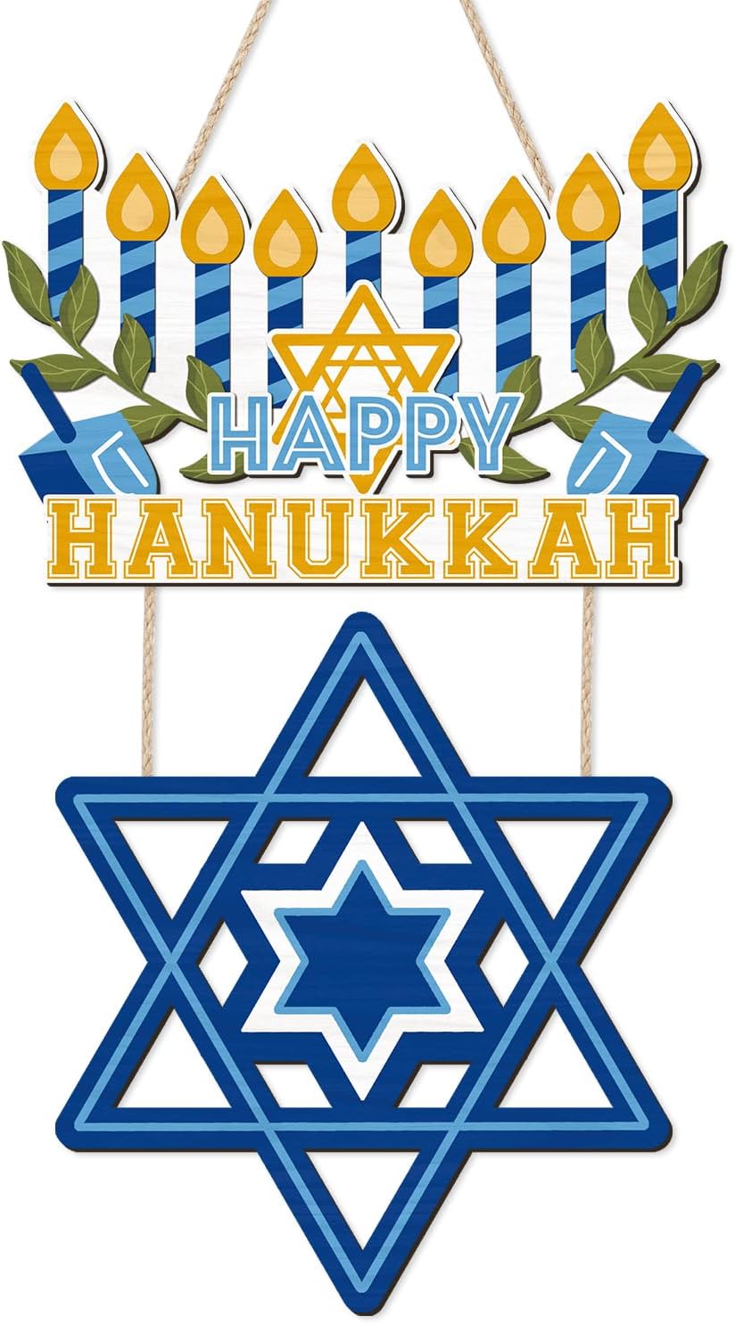 CHDITB Happy Hanukkah Shalom Front Door Sign(12"x20"), Wooden Jewish Festival of Light Blue Menorah Star of David Decoration Wall Hanging, Farmhouse Rustic Chanukah Judaism Christmas Winter Holiday Thanksgiving Gifts Decor for Home Party