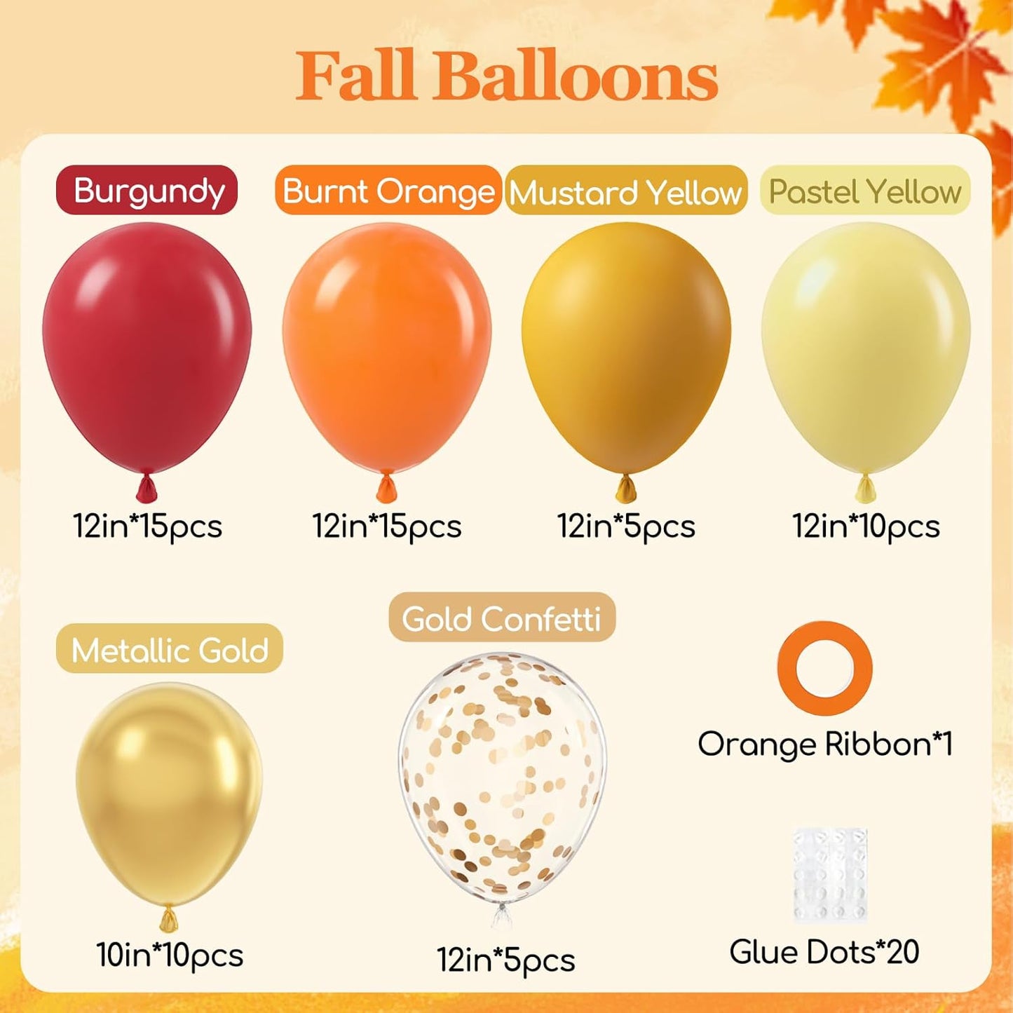 60pcs 12inch Fall Thanksgiving Balloons with Burgundy Burnt Orange Pastel Mustard Yellow Metallic Gold Confetti Autumn Balloons for Fall Thanksgiving Pumpkin Baby Shower Birthday Party Decorations