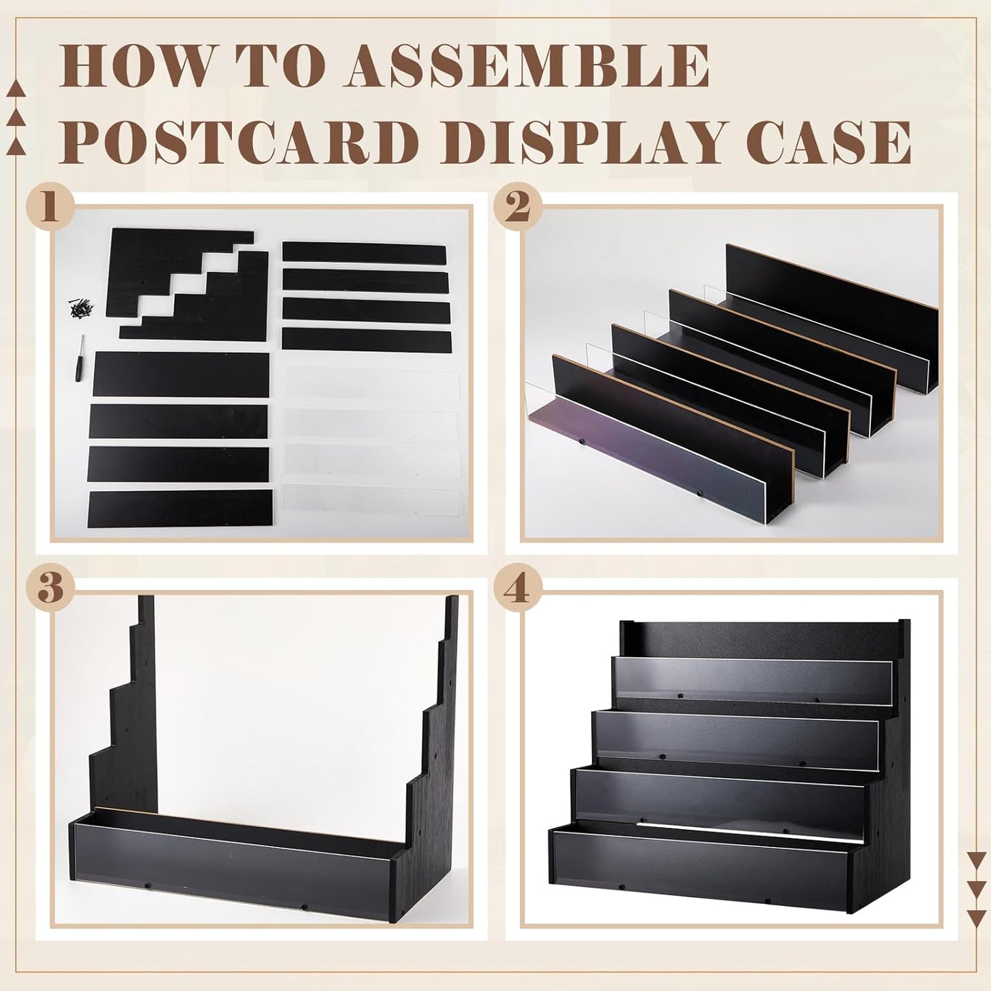 4 Tier Greeting Card Display Stand Black Bamboo and Acrylic Sticker Display Stand Trading Card Holder Retail Photos Shelf for Vendors Craft Collection & Show