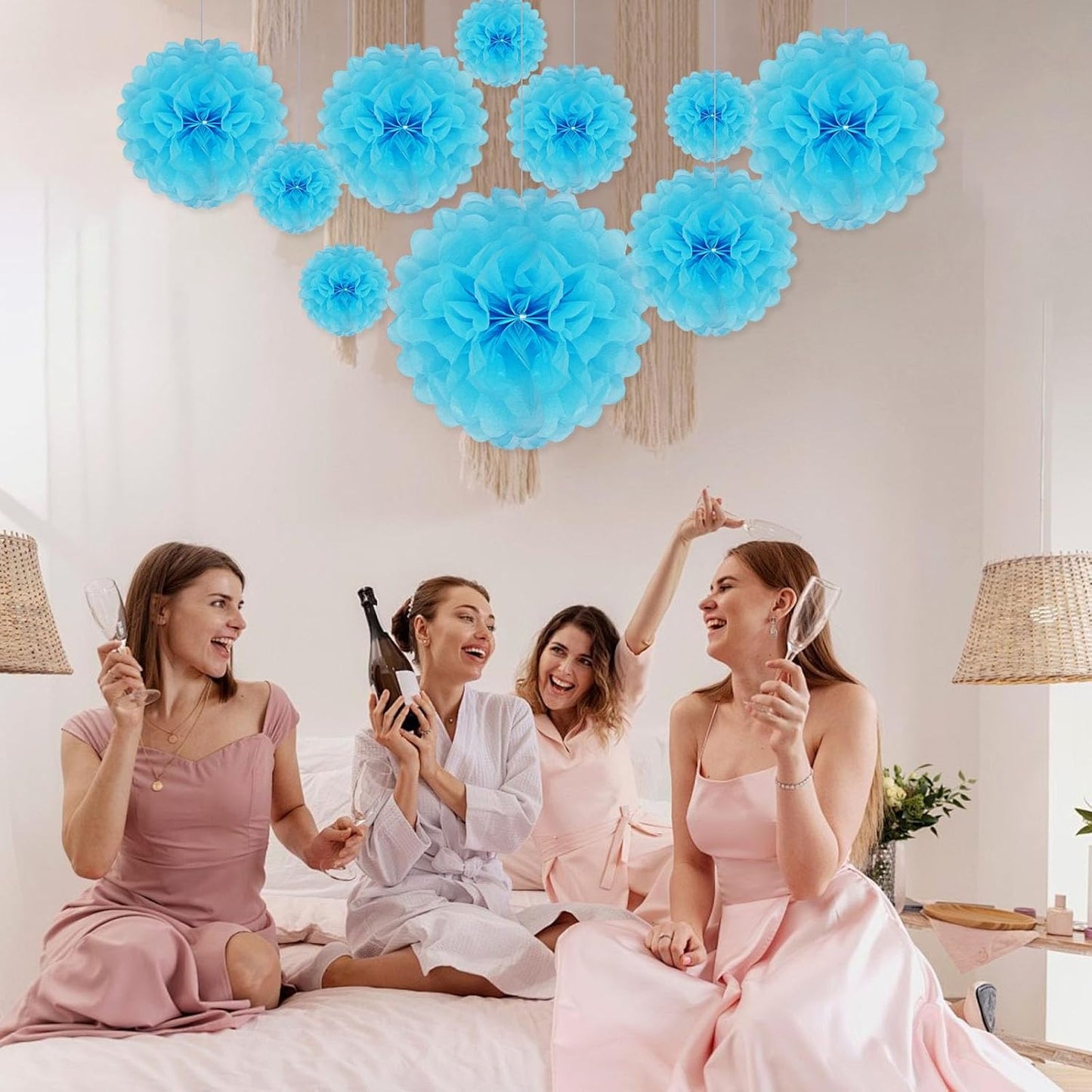 Tissue Paper Pom Poms, Blue Tissue Paper Flowers, Hanging Flower Balls for Weddings Fiesta Parties Birthday Baby Showers Classroom Bridal Shower Decoration (20Piece Set-6/10/12/14Inch)