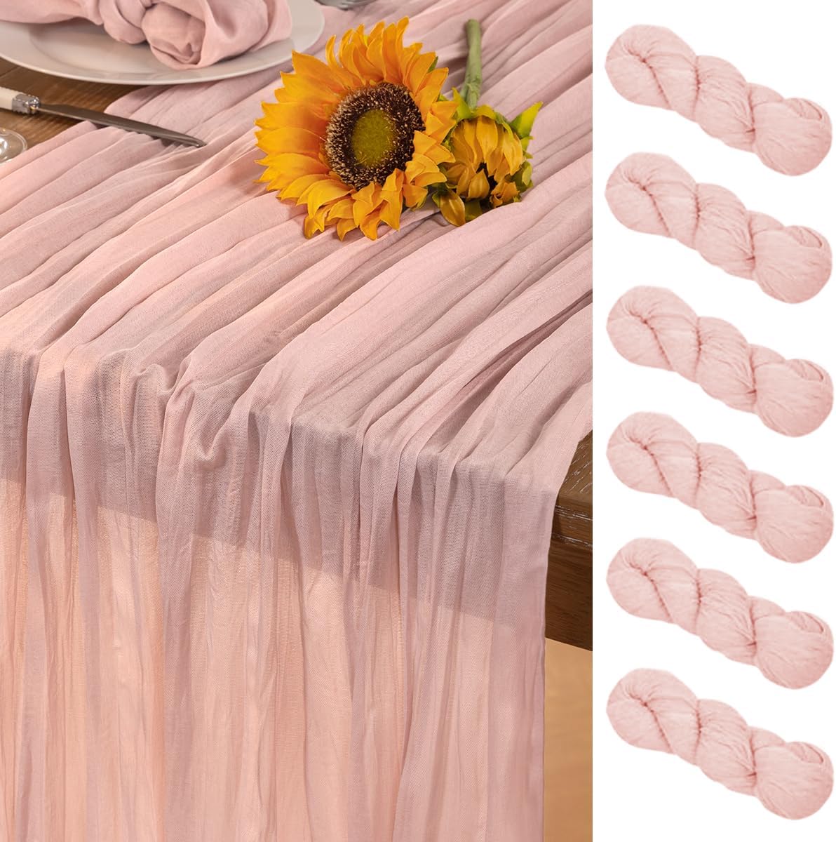 Pink Cheesecloth Table Runner 6 Pack Fall Table Runners Boho Gauze 120 Inches Light Pink Cheese Cloth Fall Table Decorations for Thanksgiving Wedding Bridal Girl Baby Shower Sweet 16 Party