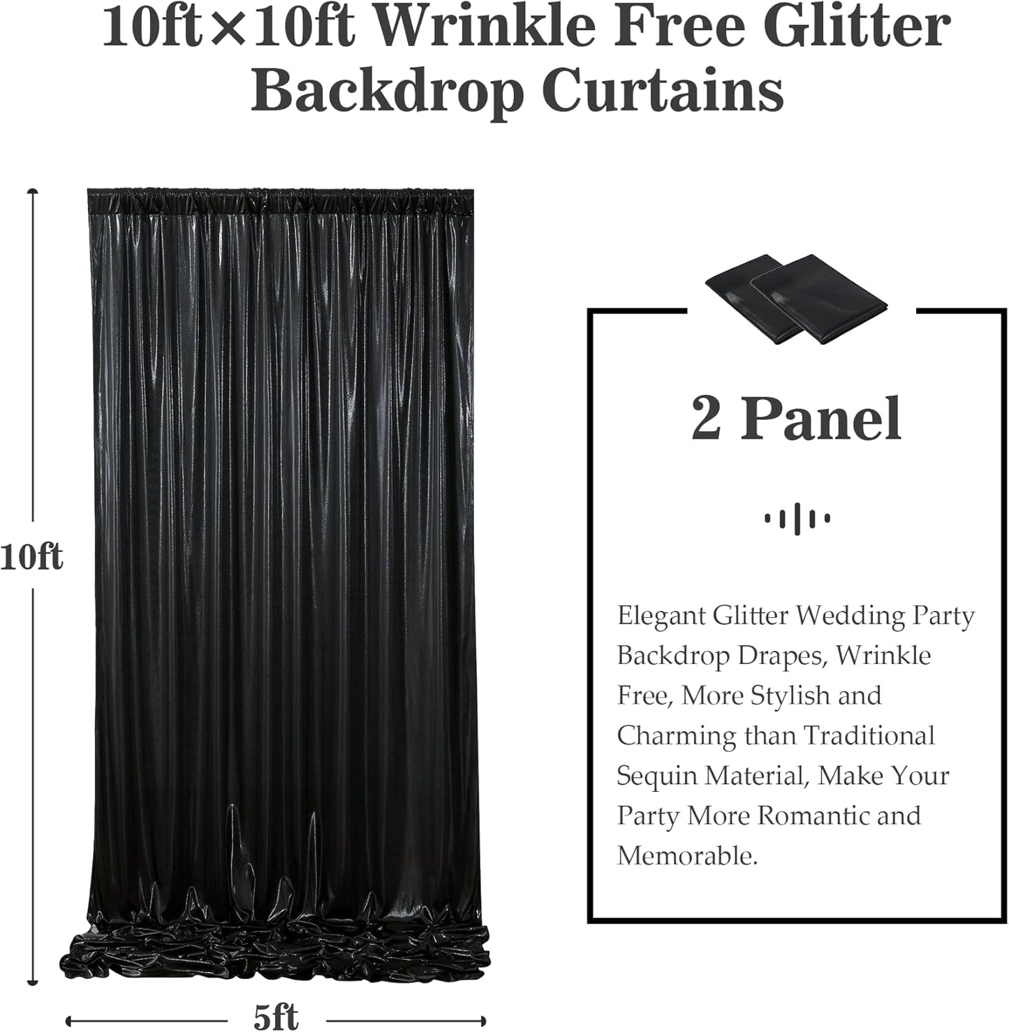 Outpain Thick 10 ft x 10 ft Black Sequin Backdrop Curtain for Parties, Wrinkle Free Glitter Photo Backdrop Drapes 2 Panels 5x10ft Black Back Drop Cloth for Wedding Christmas Photography Background