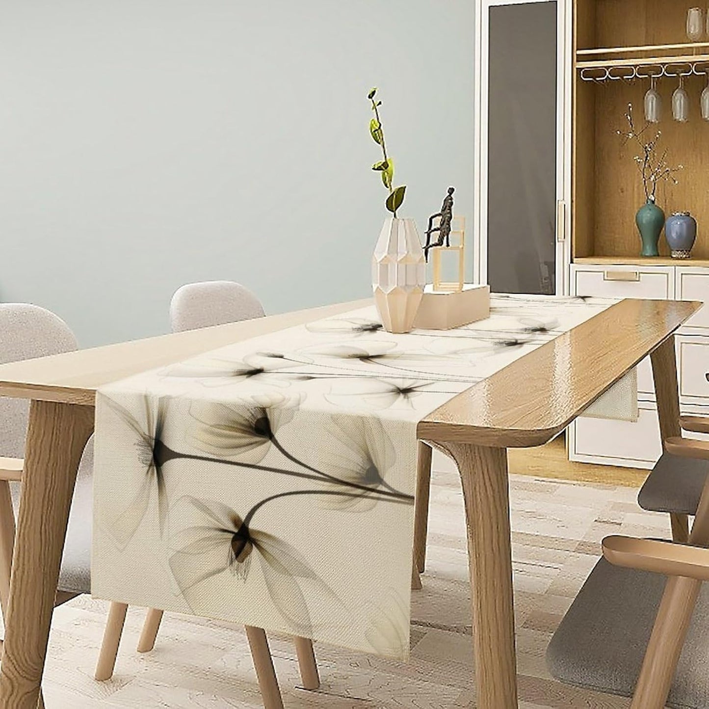 Abstract Floral Table Runner, Watercolor Transparent Beige Poppy Flowers Print Kitchen Dinning Table Runner for Indoor Outdoor Home Wedding Party Holiday, 13x120 Inch