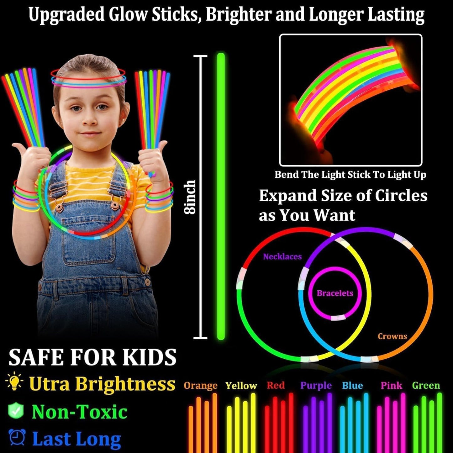 TURNMEON 360 Pack Ultra Bright Halloween Glow Sticks Bulk Party Pack Halloween Glow In The Dark Halloween Party Supplies Favors Glow Sticks Necklaces Bracelets with Connectors 8" Glow stick Light Up