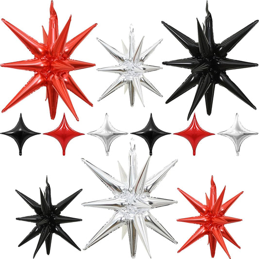 Black Red Silver Star Balloons 12pcs, 27/22 Foil Inch Star Explosion Balloons, Large Spike Mylar Cone Balloon, Fireworks Shape Balloon Decor for New Year Casino Night Racing Car Theme Prom