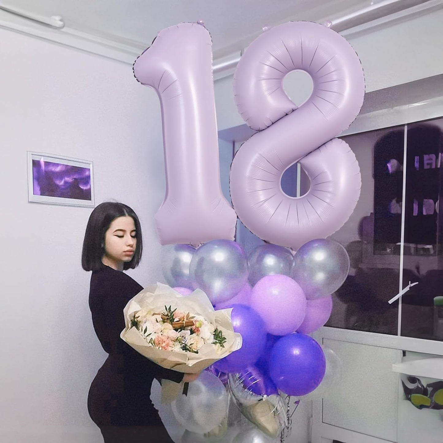 Pastel Dusty Purple Number 18 Birthday Balloons, 40 Inch Foil Number 1 & 8 Balloons for Women, 18th Birthday Balloons Light Purple for 18 Year Old Girls Anniversary Birthday Party Decorations Supplies