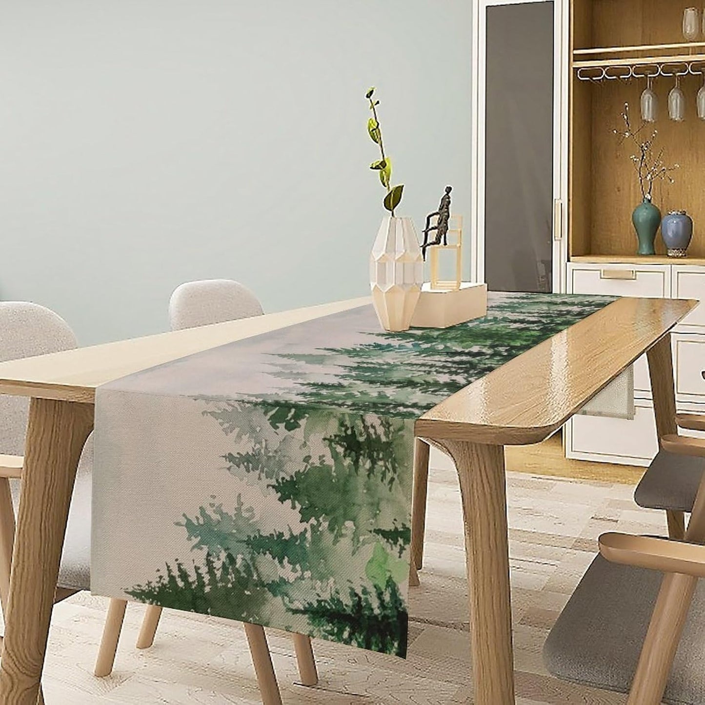 Foggy Forest Table Runner,Green Forest Natural Landscape Table Runner for Kitchen Dining Table Home Party Decoration 13x90 Inch