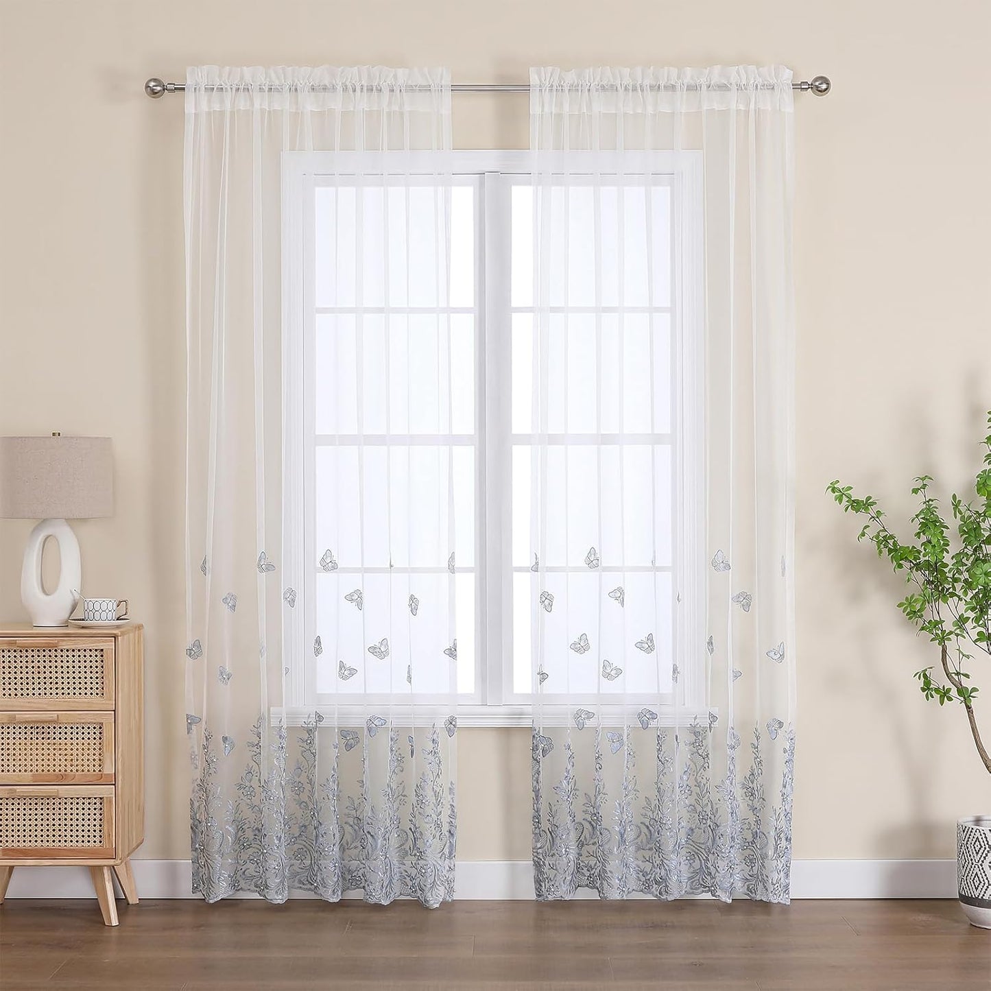 VISIONTEX White Sheer Voile Curtains, Decorative Blue Embossed Butterflies Rod Pocket Window Drapes for Home Kitchen, Living Room and Bedroom 54 x 63 Inch, Set of 2 Curtain Panels