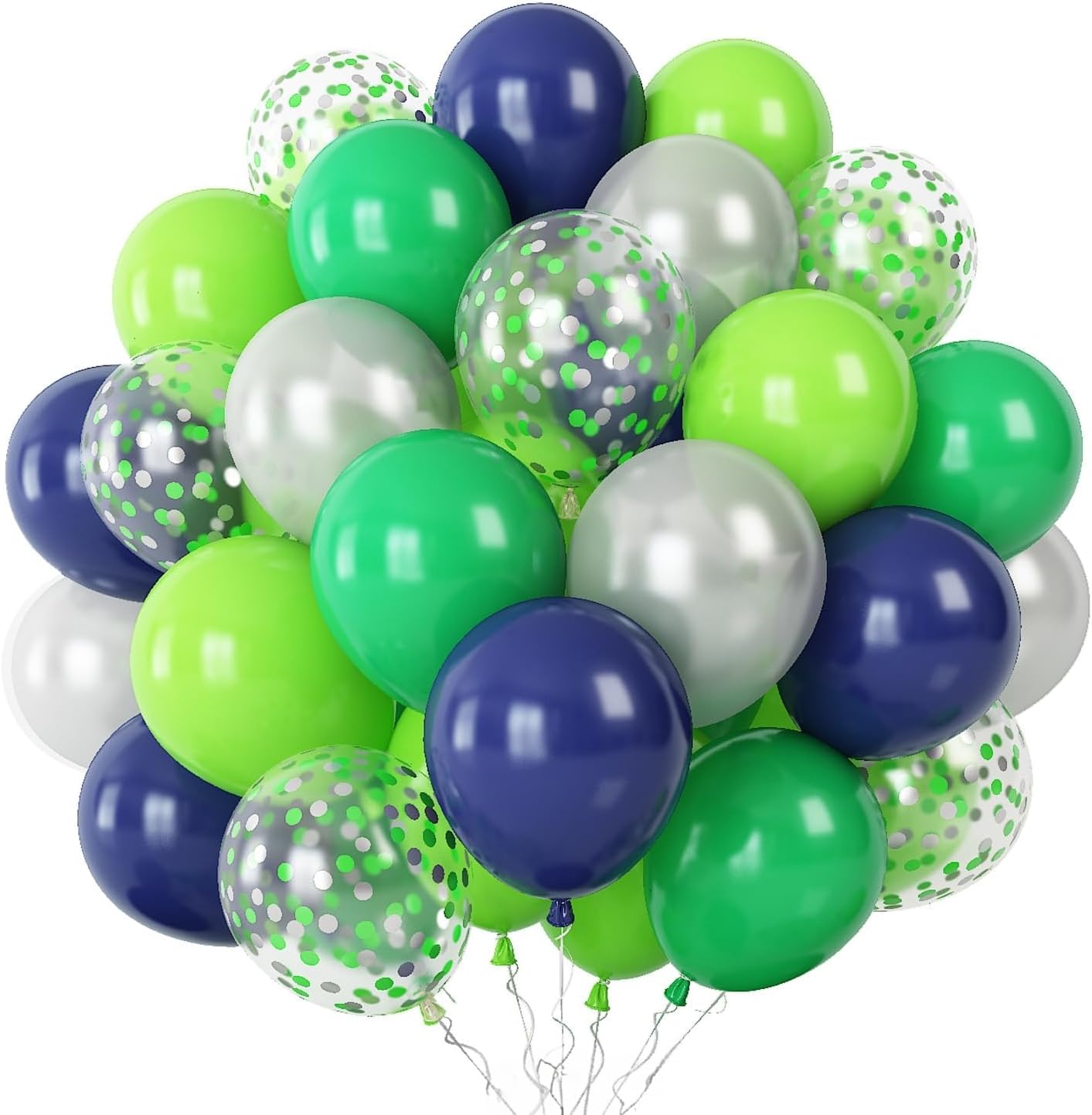 60 Pcs Navy Blue Matte Light Green Silver Latex Party Balloons with Green Silver Confetti for Birthday Party Decoration