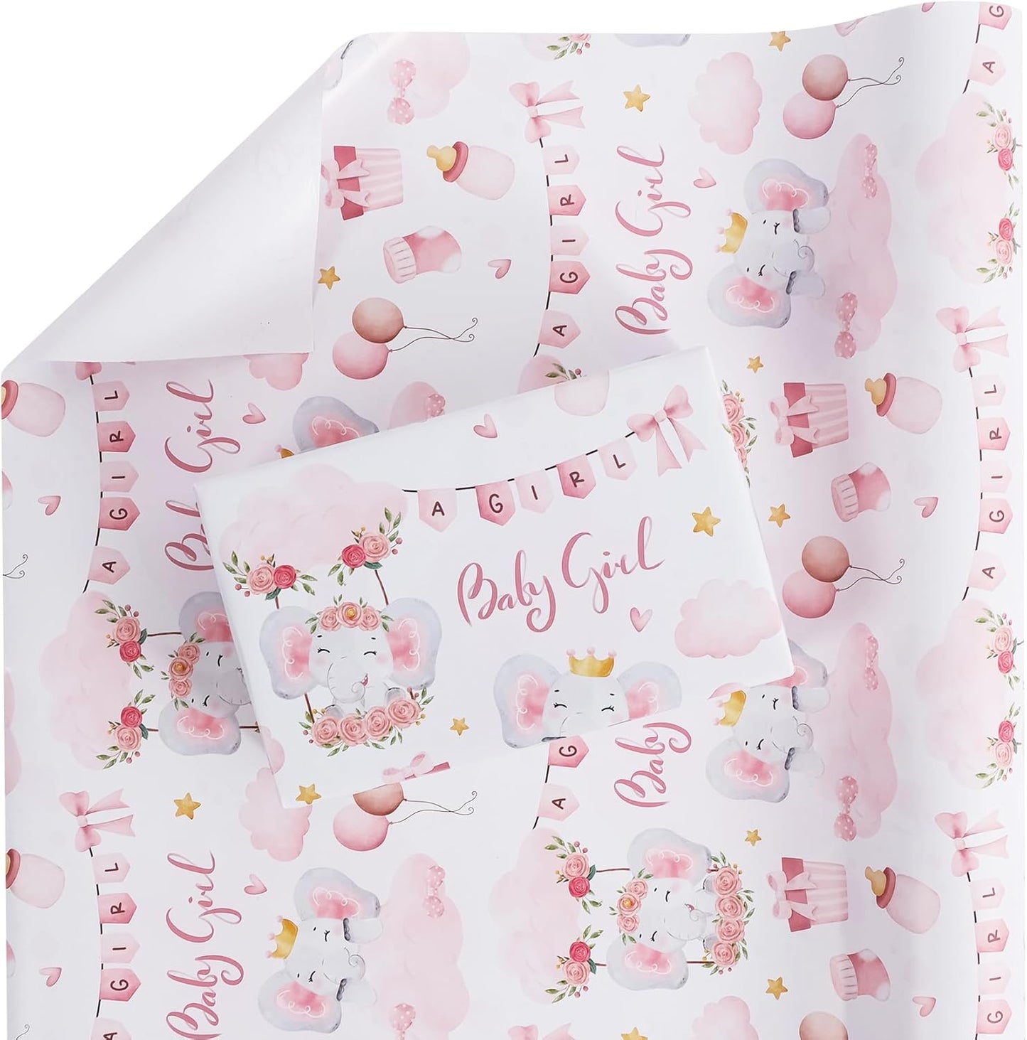 Aimyoo Pink Baby Shower Wrapping Paper Roll - 17 Inch X 16.5 Feet - Cute Elephant with Baby Girl Letter Design Perfect for Girls, Birthday, Party