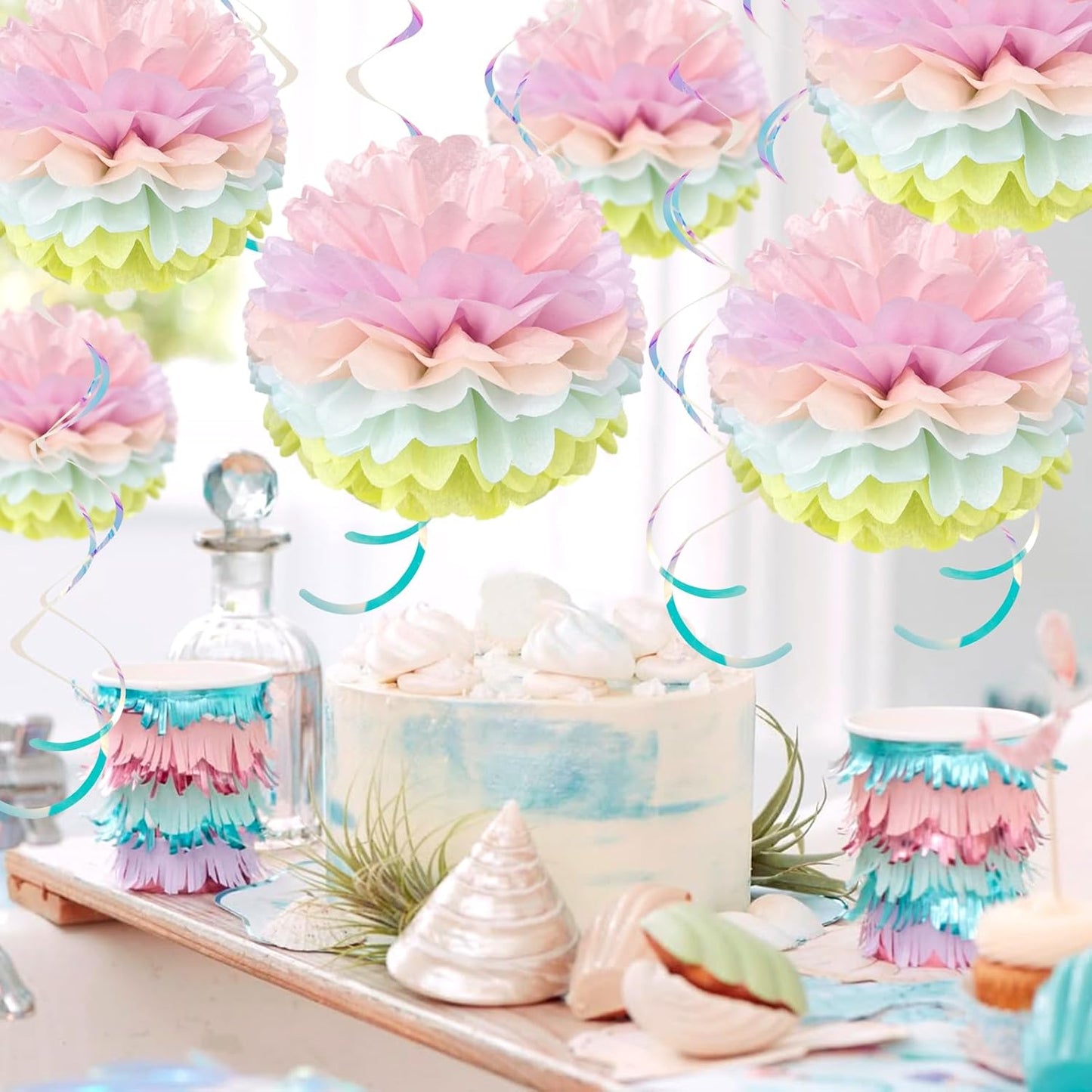 Pastel Paper Pom Poms Hanging Tissue Paper Flowers Pastel Birthday Party Decorations Tissue Flowers for Girl's Baby Shower Easter Mermaids Unicorn Themed Birthday