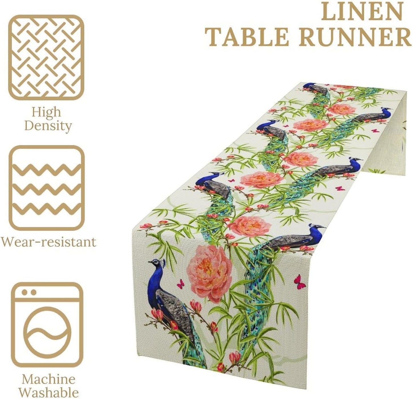 Peacock Table Runner,Seasonal Flower Plants Peacock Birds Table Runner for Home Kitchen Dining Party Indoor Outdoor Decoration 13x70 Inch