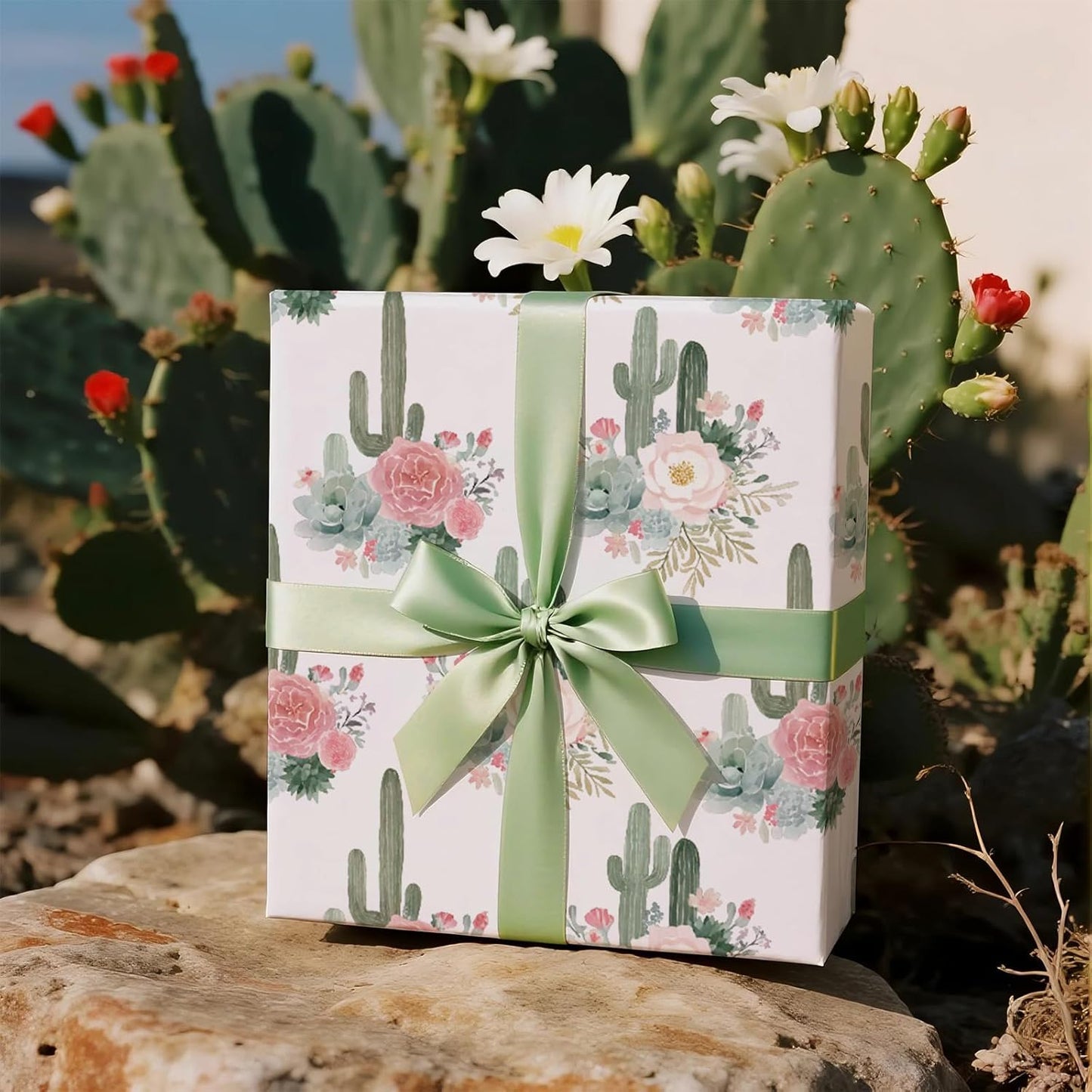 RUSPEPA Cactus Floral Wrapping Paper Roll, Mini Roll, Elegant Cacti and Roses Design, Soft Pink and Green Gift Wrap for Wedding, Birthdays, Baby Shower, Spring and Summer Party, 17 Inches x 16.4 Feet