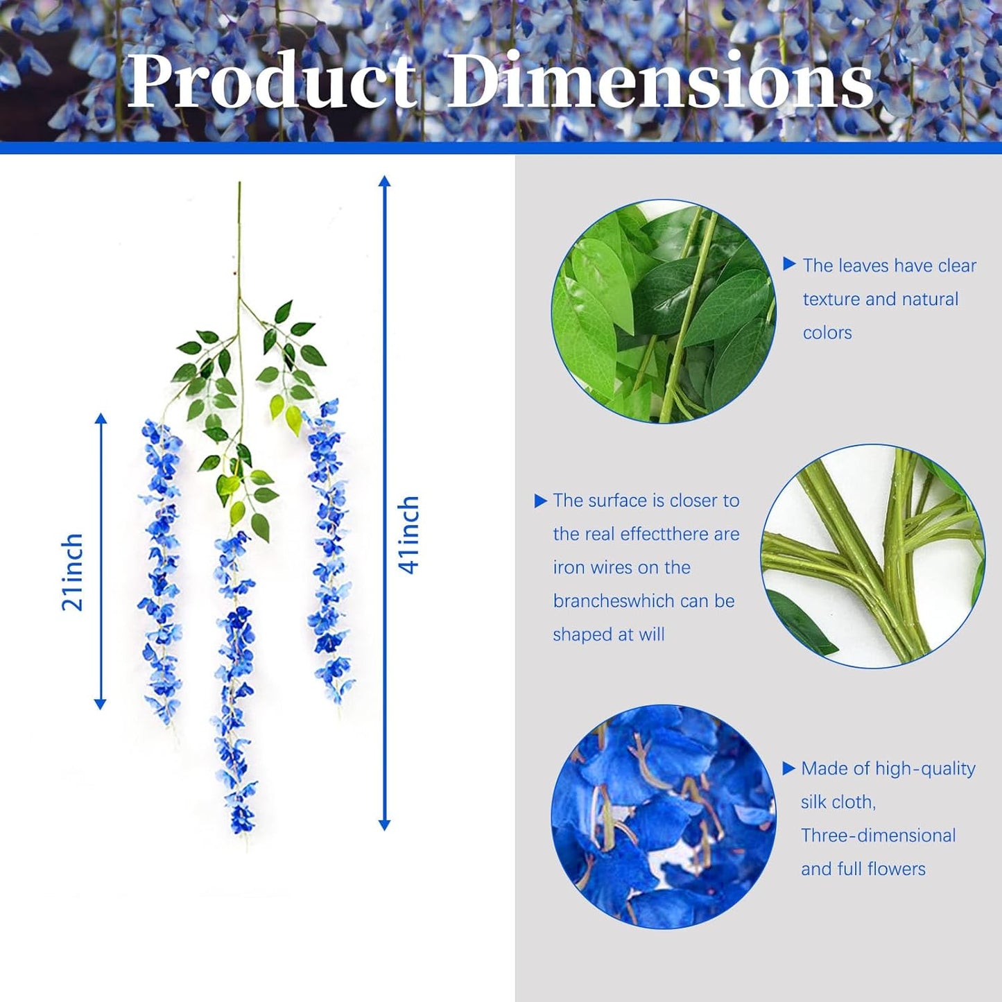 12 Pack Royal Blue Wisteria Hanging Flowers, 3.44 Ft Fake Hanging Flowers, Artificial Wisteria Garland Vines for Wedding Room Backdrop Outdoor Patio Garden Decoration