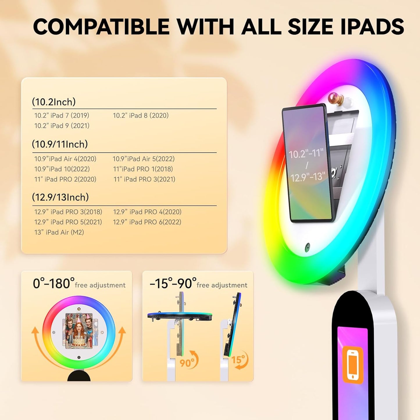 Photo Booth Stand Compatible with 10.2"-12.9" iPad, Large Light Box Customized Logo Photobooth Machine Cyratok APP Software Control Ring Light,Perfect for Wedding/Parties/Birthday(Flight Case)