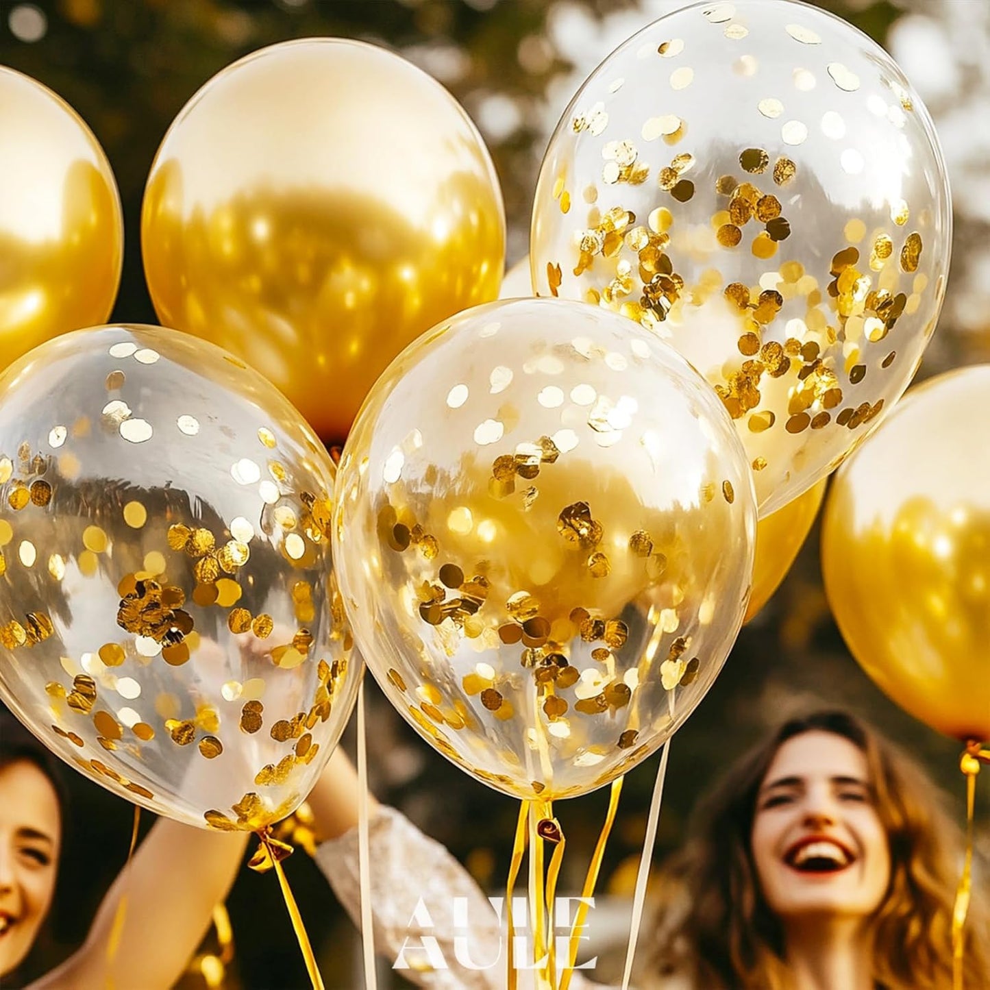 AULE Party Balloons Pack of 42 - Metallic Gold Balloons & Gold Confetti Balloons and 64ft Ribbons - 12 Inch Balloons Decorations Set