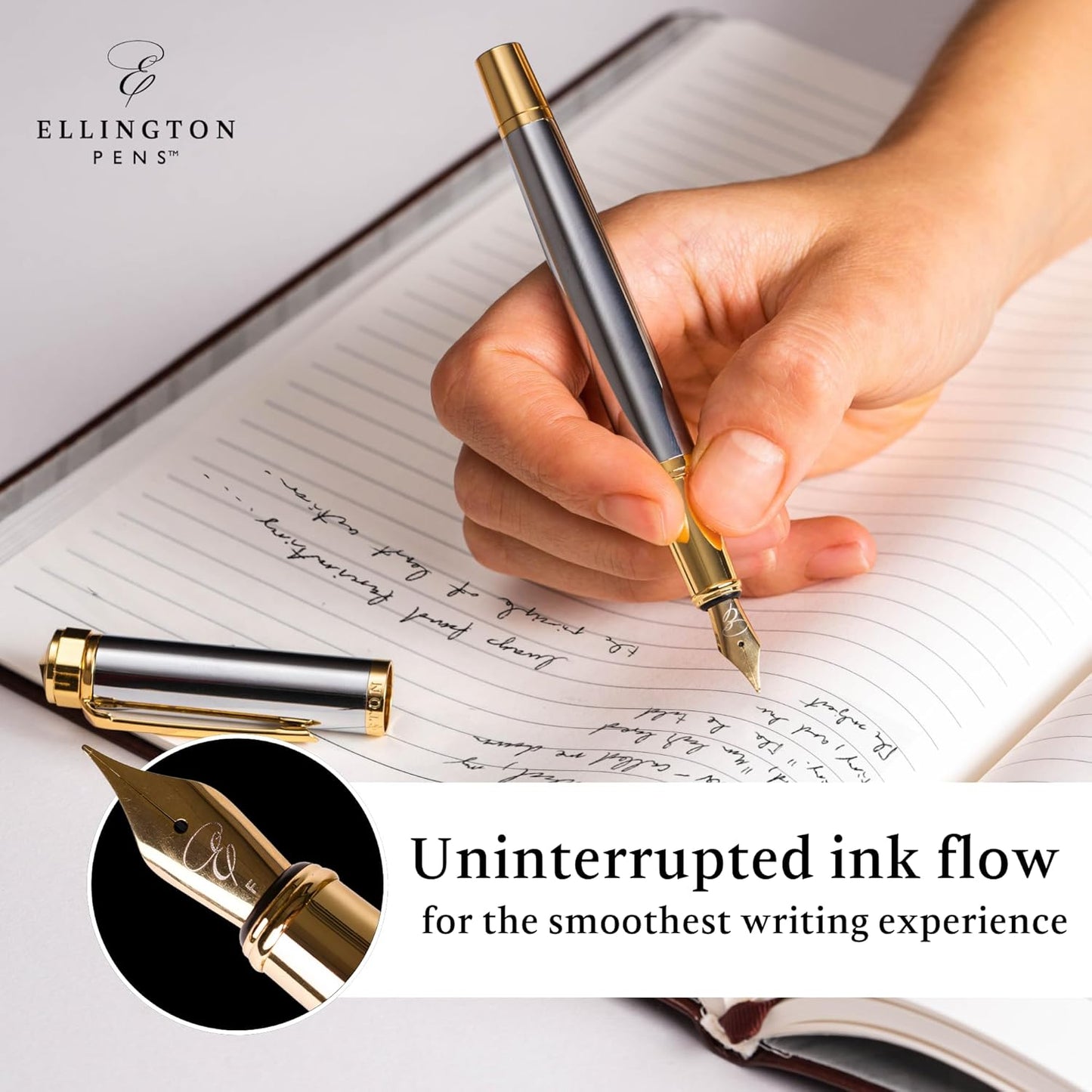 Ellington Pens Luxury Fountain Pen Set- Fountain Pens for Writing - Smooth Extra Fine Nib - Includes Refillable Ink Converter, 3 Ink Cartridges [Black & Blue], Gift Box - Elegant Calligraphy