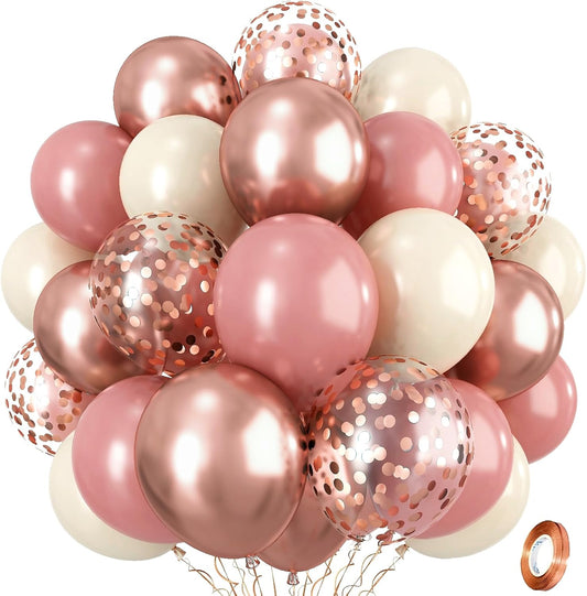 Dusty Pink and Rose Gold Balloons, 12In Retro Blush Pink Beige White Balloons with Metallic Rose Gold Confetti Latex Balloons Set for Girls Women Birthday Baby Bridal Shower Wedding Party Decorations