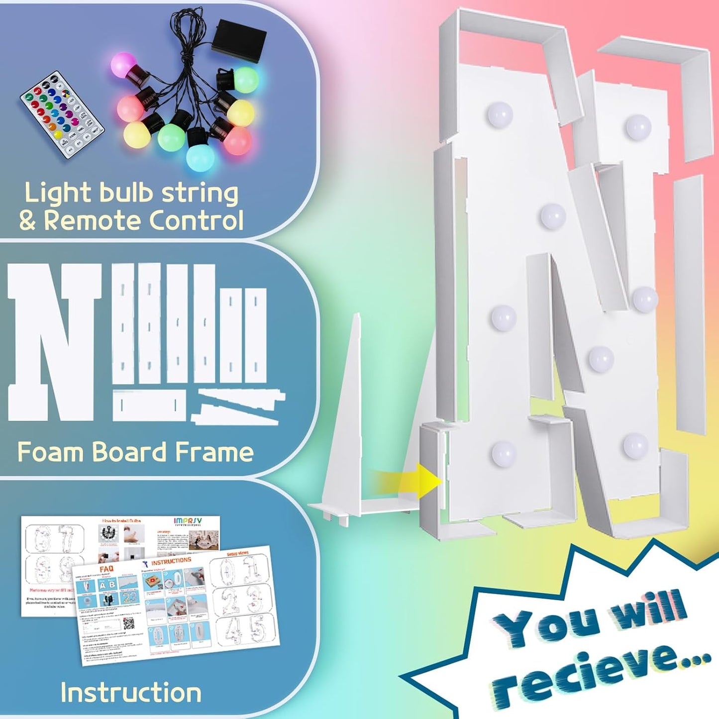 imprsv 3FT Colorful Marquee Light Up Letters N & Alphabet Sign with Remote, Baby & Large Letters for Baby Shower, Birthday, Engagement, Wedding Party Decor