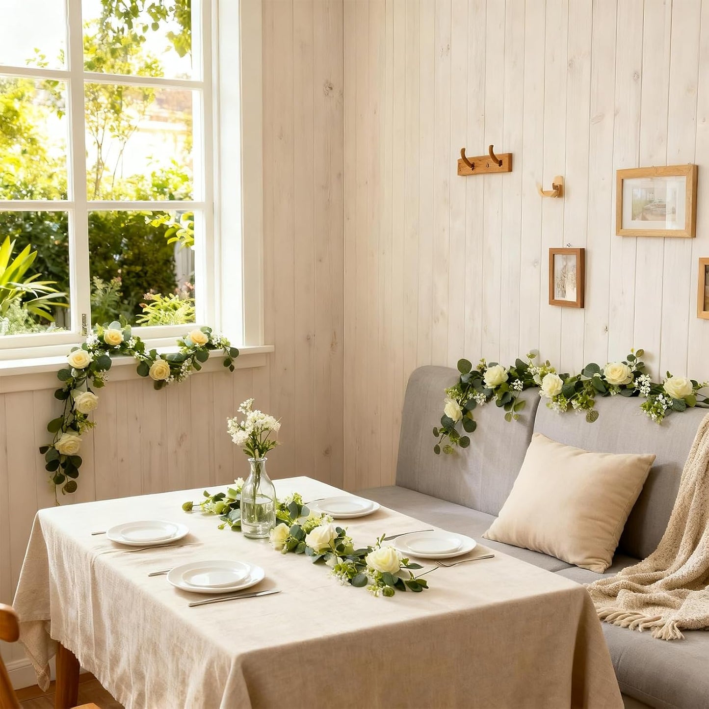 2 Pack 5.9 FT Artificial Flower Garland with Lights, Fake Floral Garland with 12 Roses, White Flower Decorations for Arch Table Centerpieces Backdrop Party Home Wedding Decorations