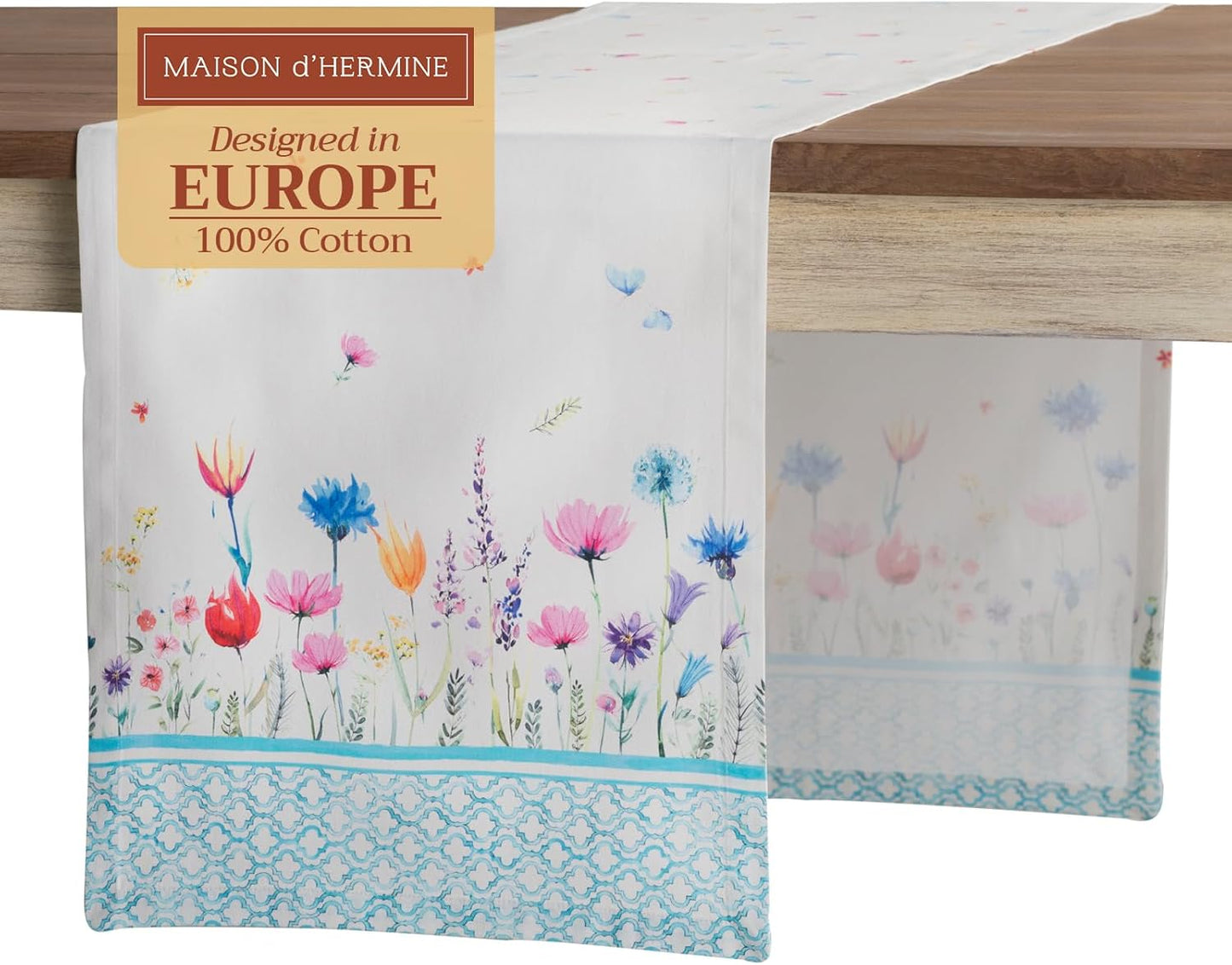 Maison d' Hermine Table Runner 100% Cotton Single Layer Table Runners 108 inches Long Decorative for Home Kitchen Dining Party Wedding Bridal Shower Spring Summer (Flower in The Field, 14.50" x 108")