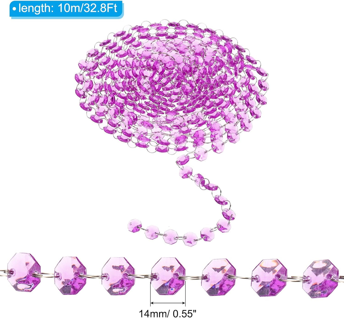 PATIKIL 14 mm Crystal Garland Strands, 32.8 Ft Acrylic Octagon Chandelier Bead Chains String for DIY Craft Wedding Party Home Decorative Jewelry Making, Purple