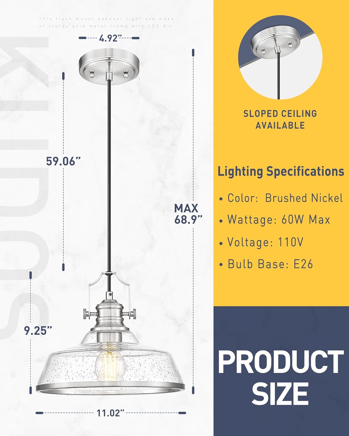 kudos Brushed Nickel Pendant Lights Kitchen Island, Large Pendant Light with Seeded Glass, Industrial Hanging Lighting for Kitchen Sink Dining Room Bathroom,KDPL13-BN-S