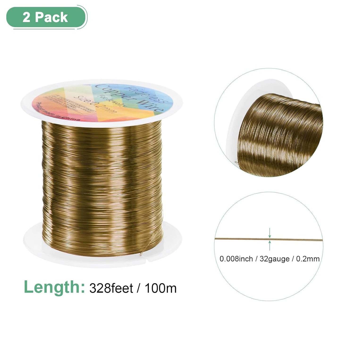2-Rolls 0.2mm Jewelry Wire, 32 Gauge 328FT Craft Wire Copper Beading Wire for Jewelry Making/Planting/Weaving/DIY Crafting, Soft Metal Wires [100M, Bronze Tone]