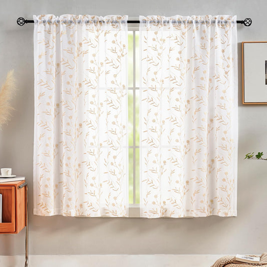 Sheer Curtains 45 Inches White-Beige Floral Embroidery Rod Pocket Voile Drapes for Living room, Bedroom, Window Treatments Lace Outdoor Curtain Panels for Yard, Kitchen, Villa, Set of 2, 52"x 45".