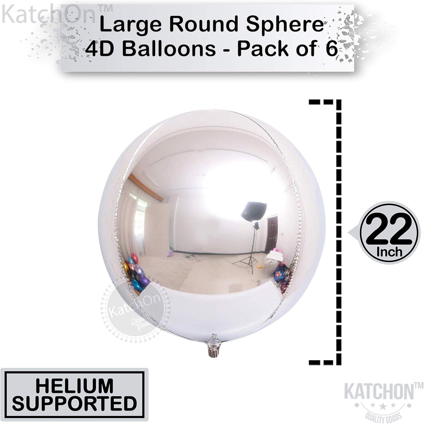 KatchOn, Large Metallic Silver Balloons - 22 Inch, Pack of 6 | 4D Round Silver Mylar Balloon for Bachelorette Party Decorations | Silver Foil Balloons for Anniversary, Bridal Shower Decorations