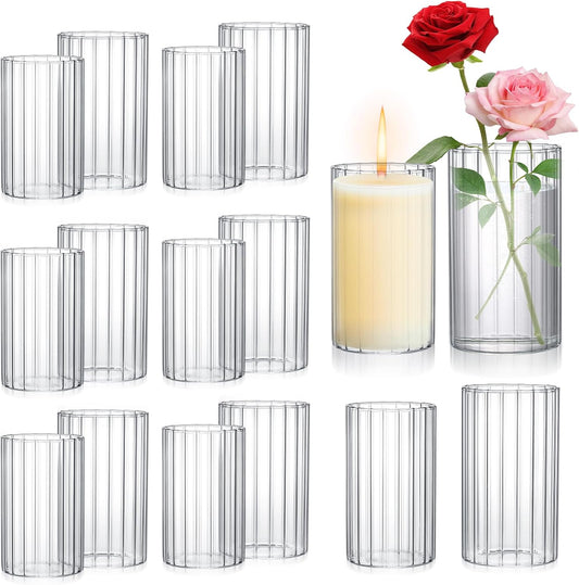 16 Pack Ribbed Glass Cylinder Vases 5.5, 6 Inch Tall Clear Flower Vase Hurricane Floating Candle Holder for Table Centerpiece Wedding Home Decor
