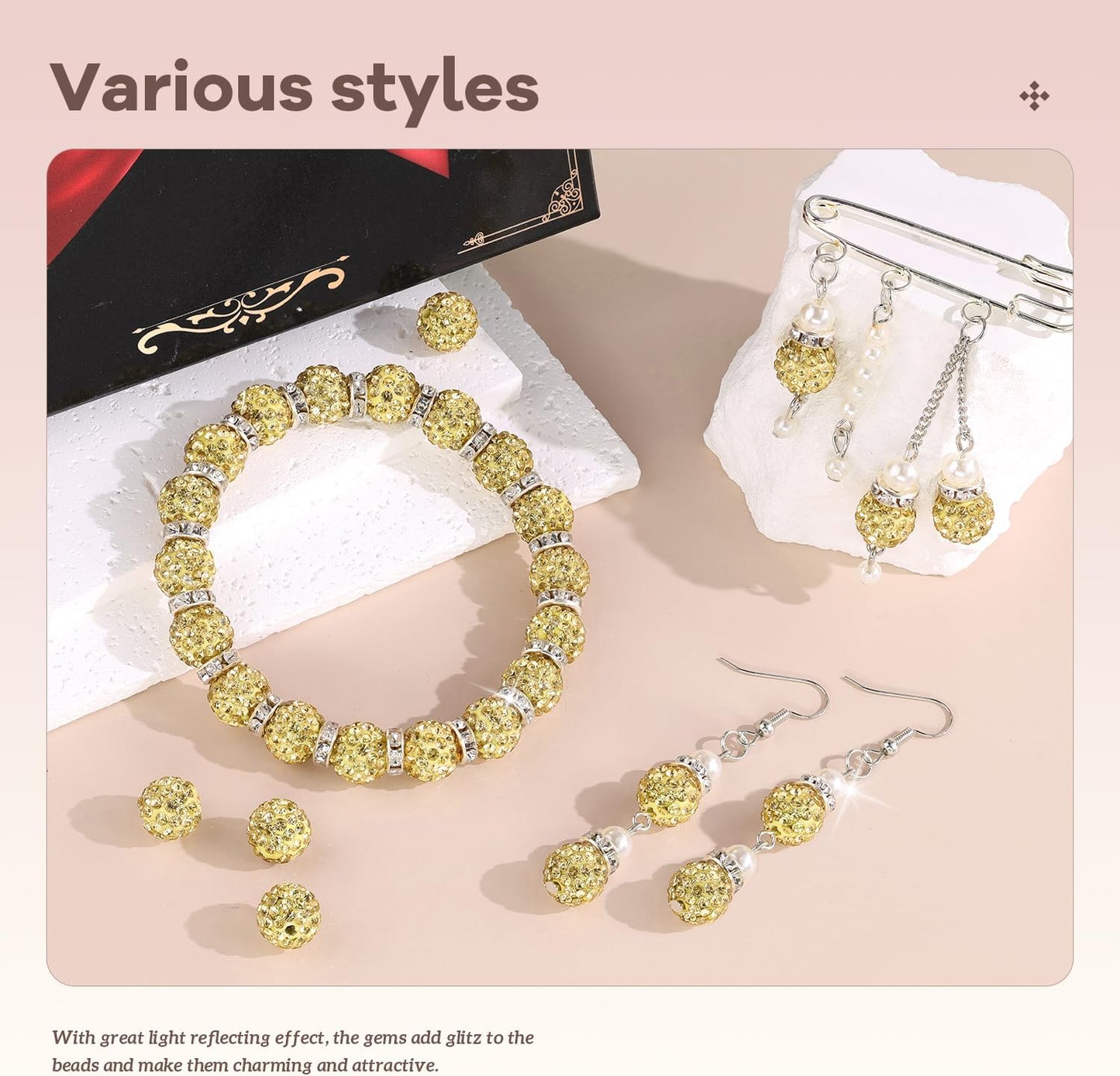 160pcs 10mm Rhinestone Beads for Jewelry Making, Light Yellow Shiny Round Disco Beads Bulk, Sparkle Crystal Clay Christmas for Bracelet Baseball Necklace Earring Crafting and DIY