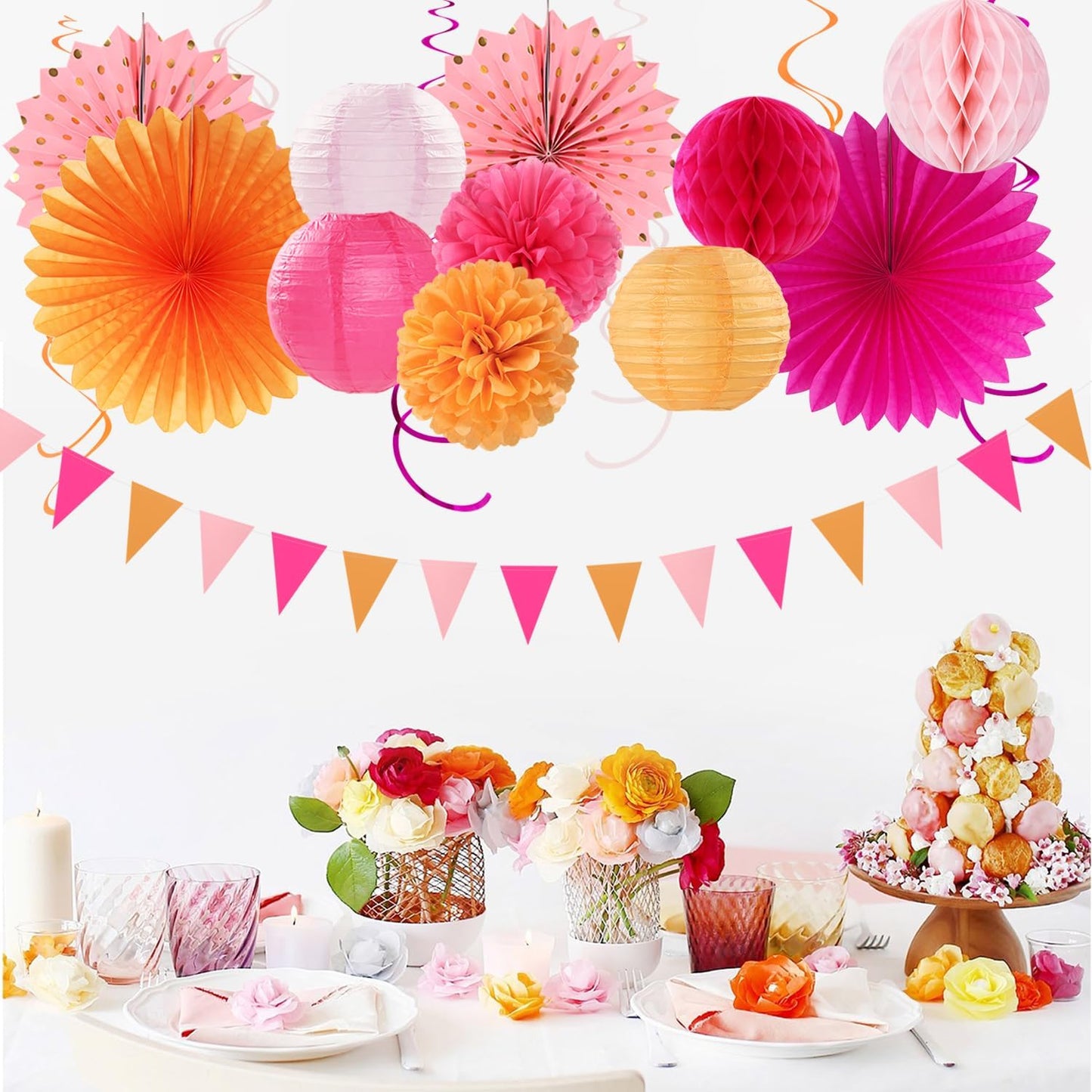 Pink-Orange Fall Party-Decorations Paper-Flowers Lanterns - 20PCS Autumn Wedding Birthday Tissue Pom Poms Streamers Fans Honeycomb, Groovy Boho Baby Shower Rustic Hanging Supplies Decor Burgleda