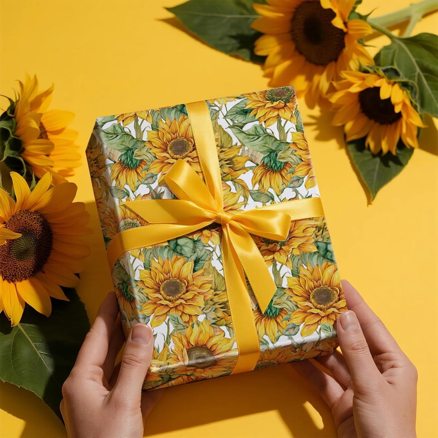 RUSPEPA Sunflower Wrapping Paper Roll for Women Girls, Mini Roll, Bright Yellow Sunflower Floral Design with Green Leaves, Cheerful Gift Wrap for Birthday, Wedding, Mother's Day, 17 Inches x 16.4 Feet