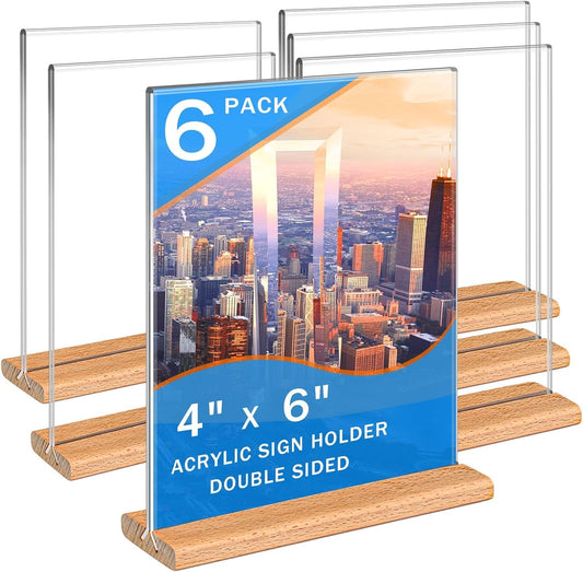 Kersally Acrylic Sign Holder 4 x 6,6 Pack Double-Sided Clear Vertical Table Display Stands with Wood Base, Acrylic Frame Menu Flyer Paper Holder for Stores, Restaurants, Hotels, Office, Show Fair