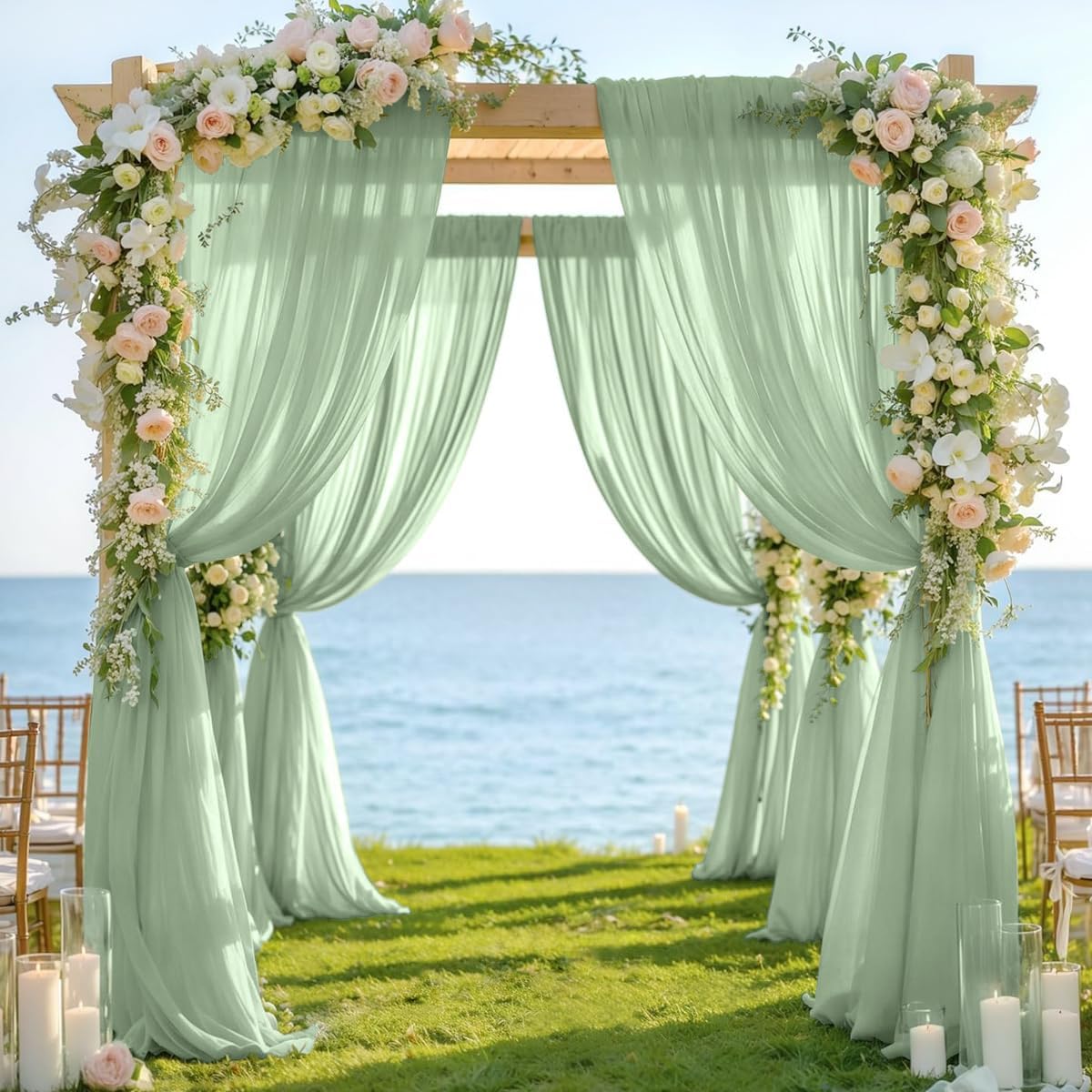 Sage Green 2 Panels Wedding Arch Draping Fabric 29" x 20Ft Sheer Drapes Outdoor Curtain for Wedding Party Baby Bridal Shower Arch Ceiling Backdrop Decor