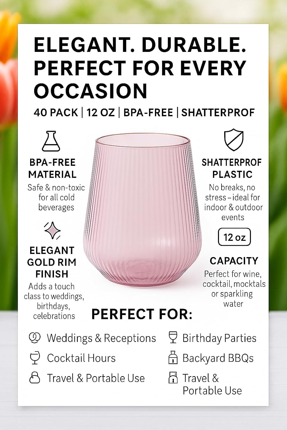 40 count Origami Ripple Unbreakable Stemless Plastic Wine Champagne Whiskey Glasses Elegant Durable Disposable Indoor Outdoor Ideal for Home, Bars, Wedding, Ribbed 12 Ounce Cups (Pink)