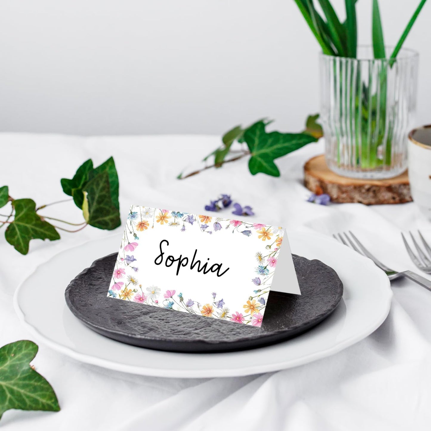 25 Pack Wildflowers Place Cards, Editable Name Cards for Table Setting, Tent Cards Food Label for Dinner Party, Bridal Shower, Wedding, Baby Shower and Events -T07