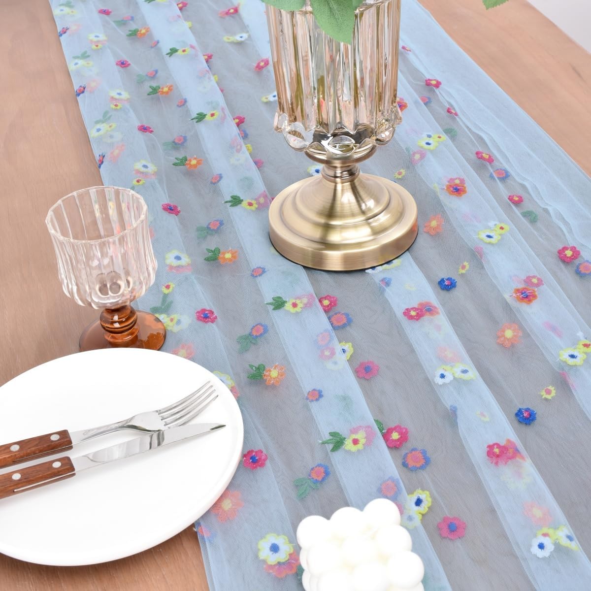 Joanlody Blue Embroidery Daisy Fall Thanksgiving Table Runner Florals Seasonal Tulle Table Runner Holiday Kitchen Dining Table Decoration Wedding Party