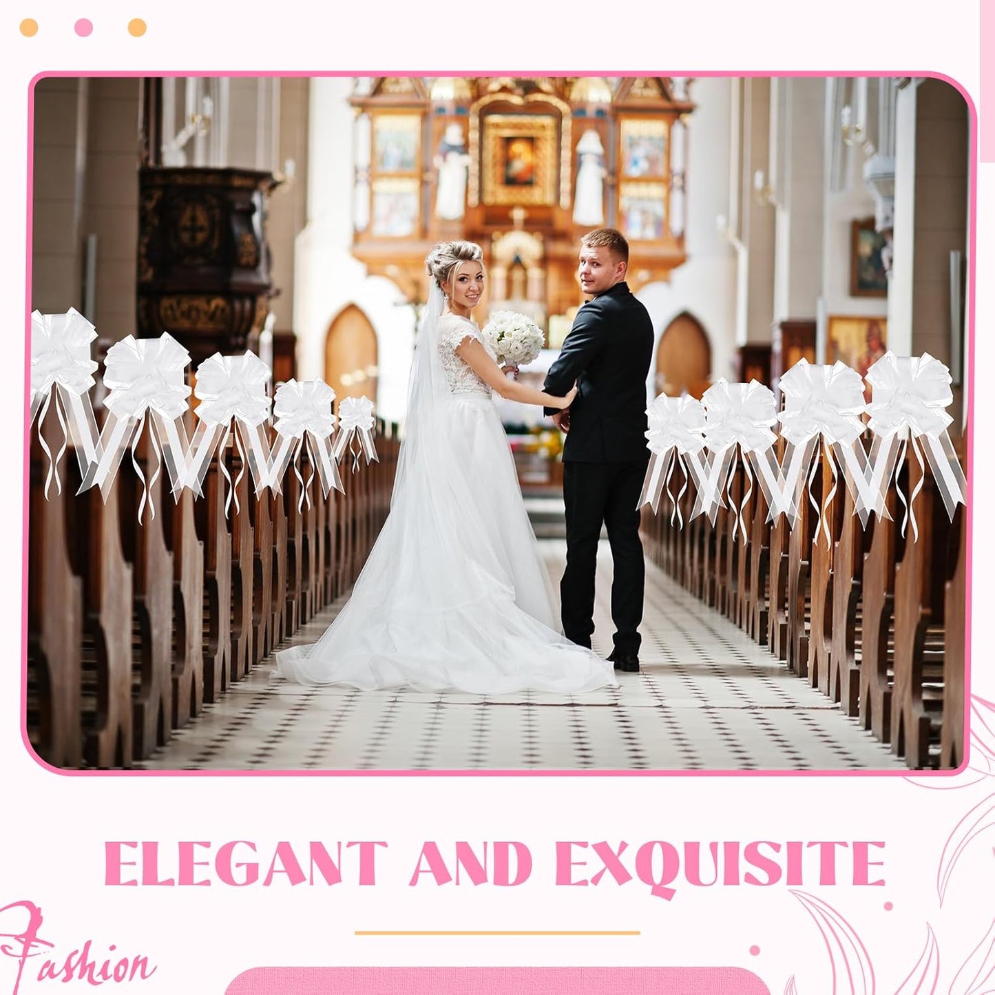 Riceshoot 24 Pcs Wedding Pew Bows with Yarn, Wedding Aisle Decorations for Church Chair Bench, Big Pull Bows for Gift Wrapping Bridal Shower Reception Birthday Anniversary Car Decor