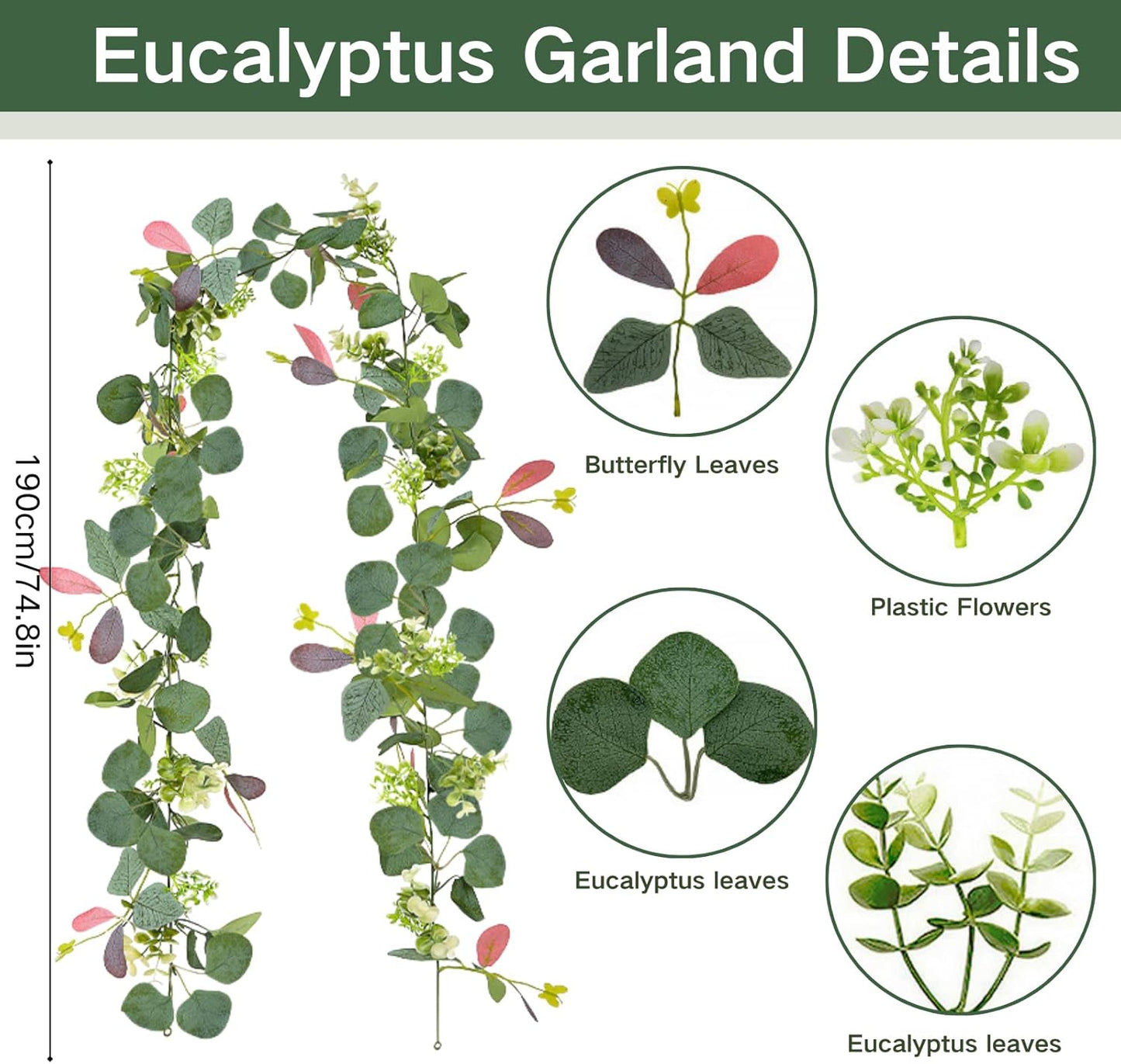 ASTRYAS 2Pcs 6.23Ft Artificial Eucalyptus Garlands with Flowers, Faux Floral Greenery Garlands Fake Flowers Vines for Wedding Table Centerpieces Arch Party Ceremony Backdrop Decor (Pink Leaves)