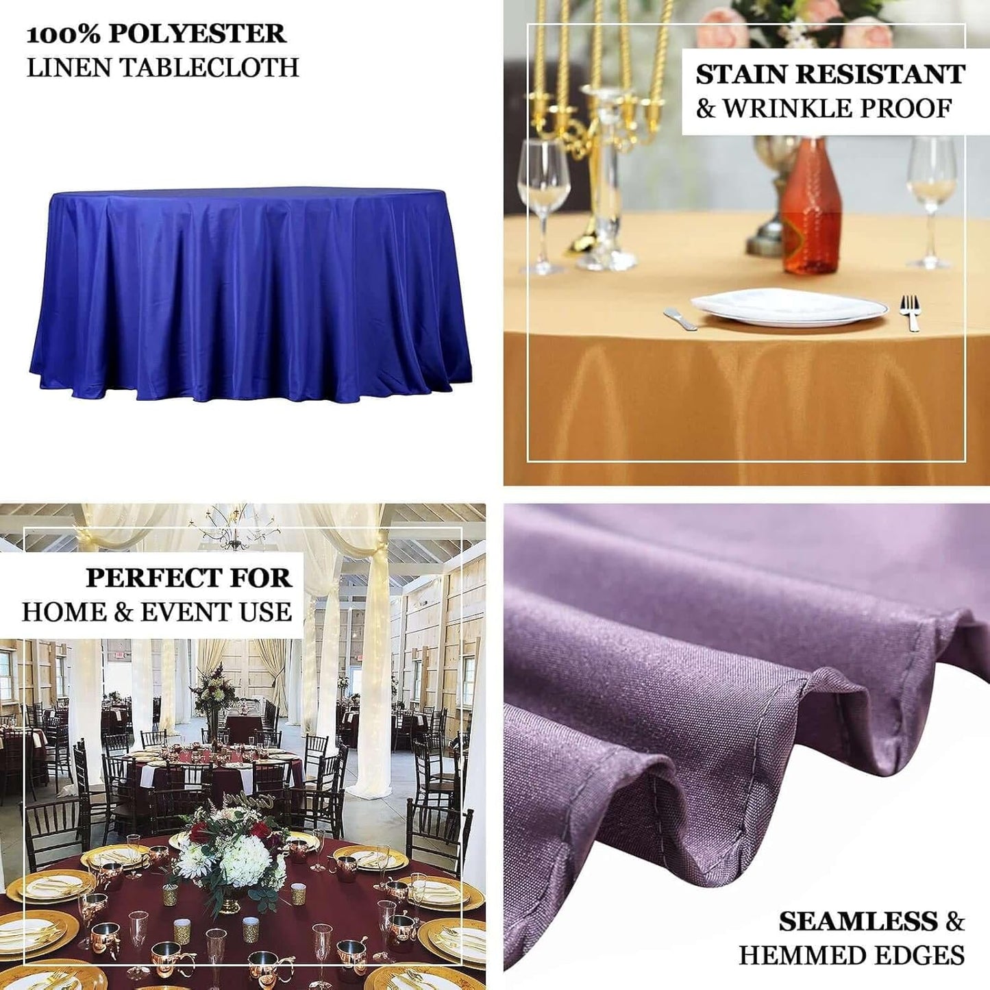 Efavormart Round Tablecloth, 132 Inch Stain & Wrinkle Resistant Washable Table Cloth, Decorative Polyester Fabric Table Cover for Banquet, Wedding, Dining- Purple